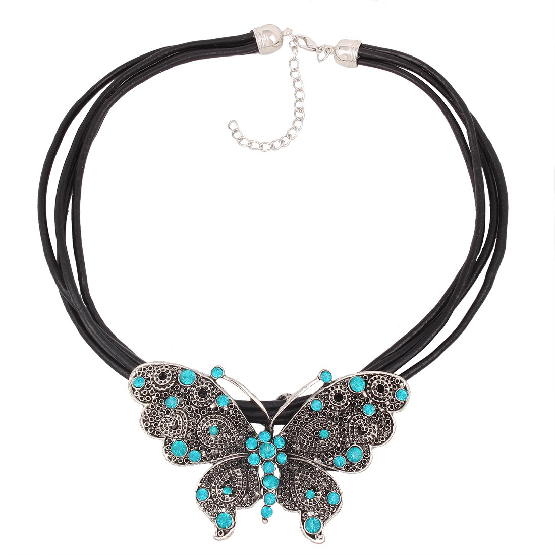 QIYUN.Z Antique Silver Large Butterfly Pendant Hollow Out Leather Rope Necklace