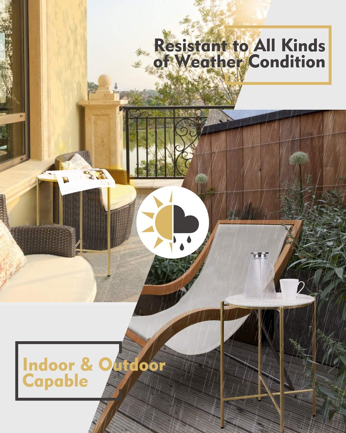 Limited Stock MONCOT Round End Table with Brass Gold Metal Frame, Tempered Glass Glazed Faux Marble Texture Finish Top Waterproof Outdoor & Indoor Side Table, Nightstand for Living Room,Bed Room, Patio, ET116-WH One-Day Sale: Up to 40% Off MONCOT Round End Table with Brass Gold Metal Frame, Tempered Glass Glazed Faux Marble Texture Finish Top Waterproof Outdoor & Indoor Side Table, Nightstand for Living Room,Bed Room, Patio, ET116-WH