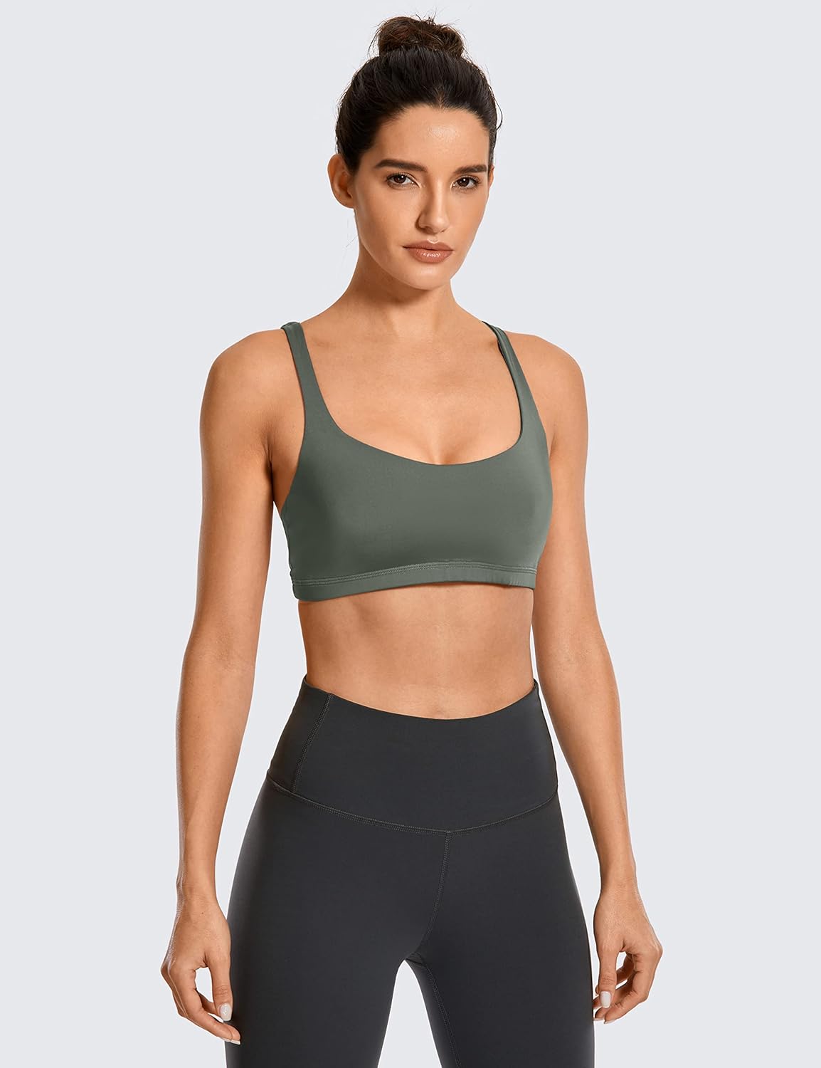 CRZ YOGA Women's Light Support Strappy Sports Bra - Low Cut Wirefree Padded Yoga Cami Criss Cross Back Grey Sage X-Large - Image 2