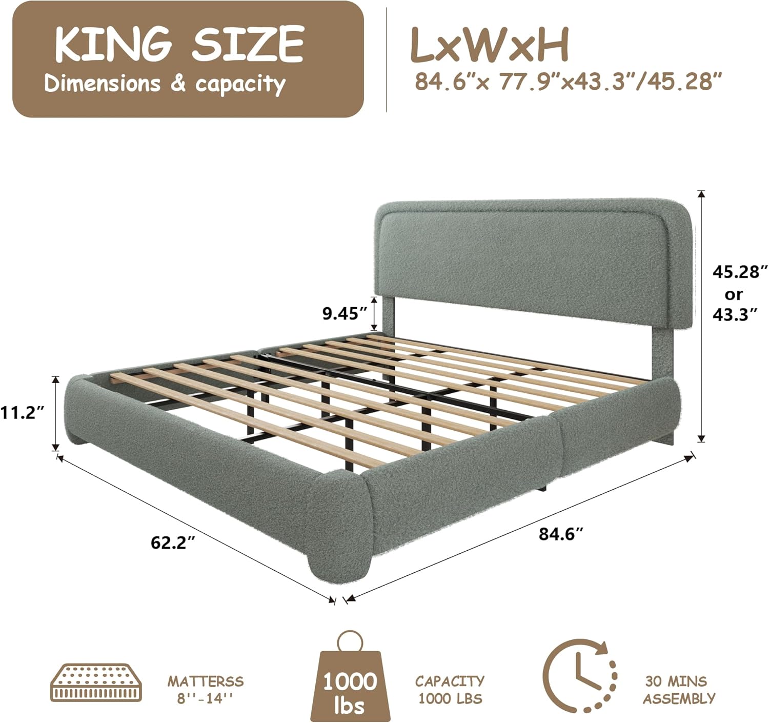 King Size Boucle Bed Frame, Cloud Upholstered Platform Bed with Height Adjustable Headboard & Soft Rounded Corners, Noise Free, Easy Assembly, No Box Spring Needed, Green