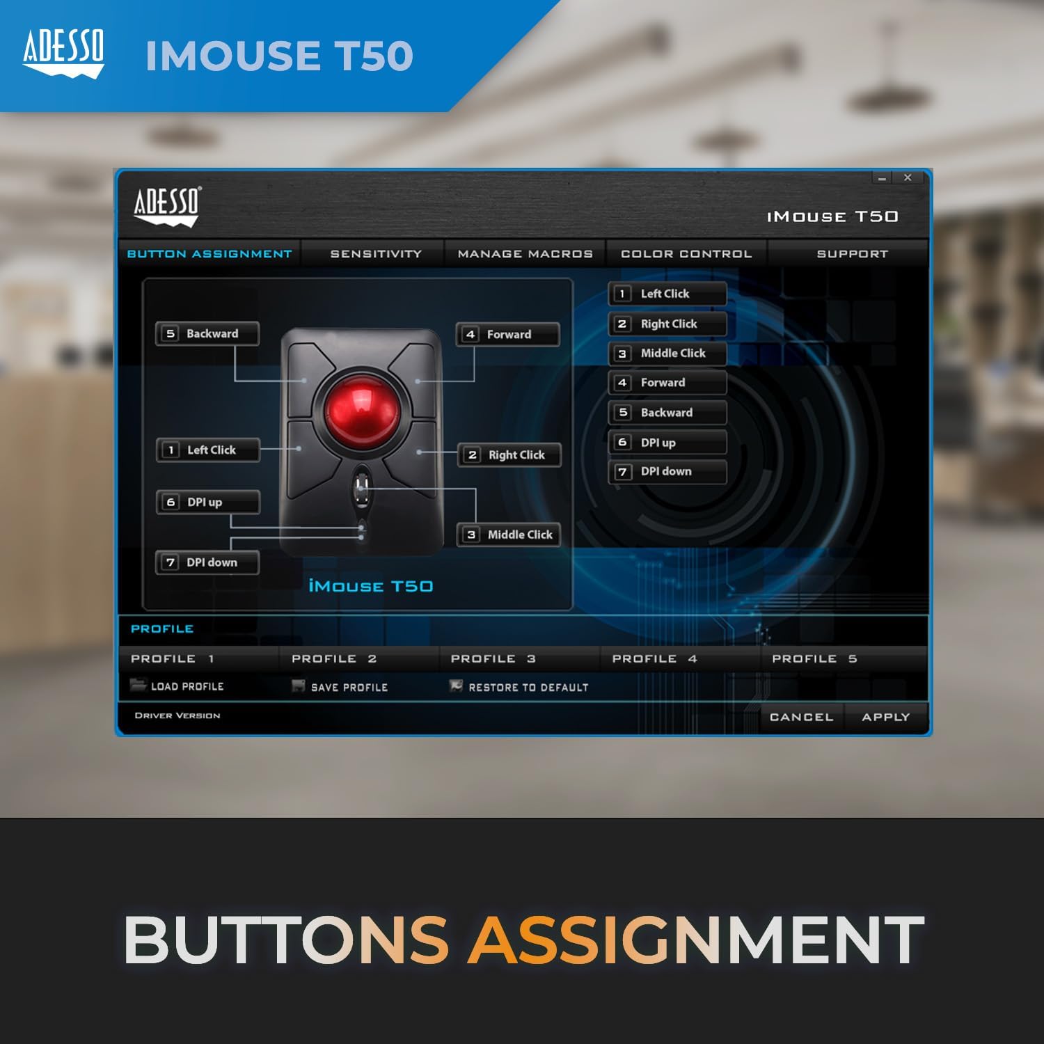 ADESSO iMouse T50 Wireless Ergonomic Finger Trackball Mouse with Nano USB Receiver, Programmable 7 Button Design, and 5 Level DPI Switch, for Left and Right Hand