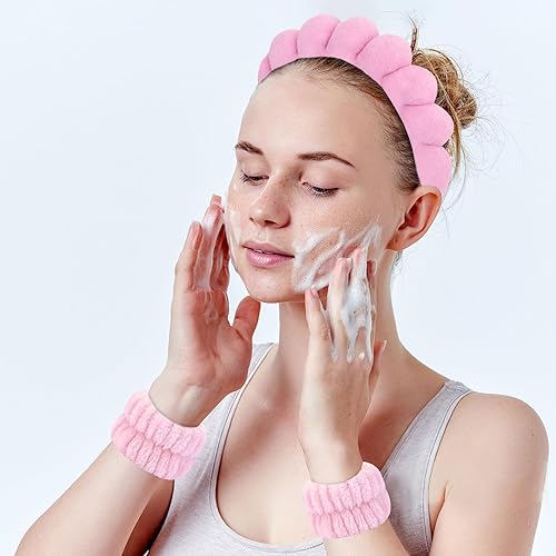 Miniatura 3 de WHAVEL Juego de 6 diademas y pulseras de spa, diadema de tela de rizo, diadema hinchada de maquillaje, diadema para lavado de cara, banda de esponja
