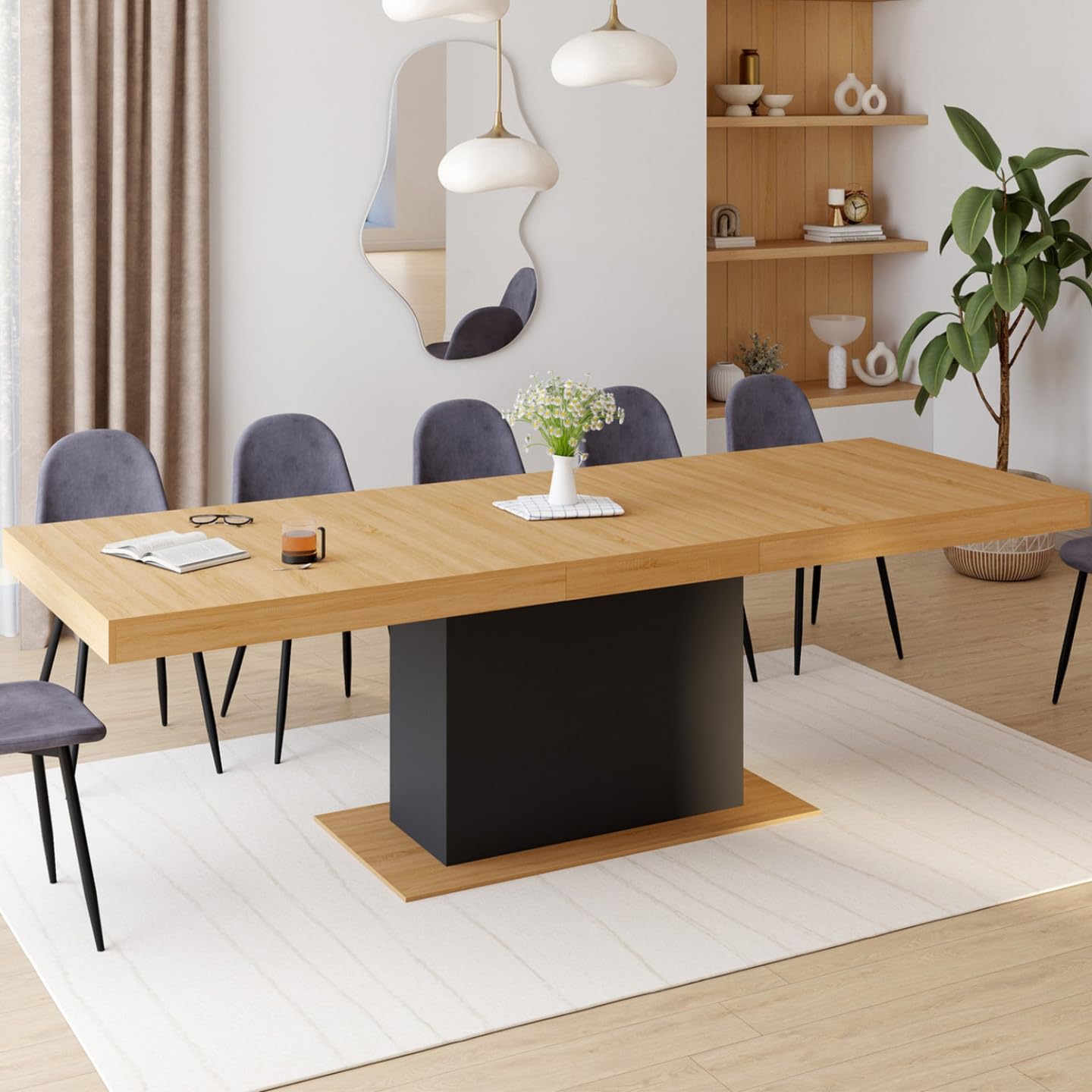 IDMarket – Mesa de comedor extensible rectangular Eden 8-12 personas, madera y negro, 200-250 cm