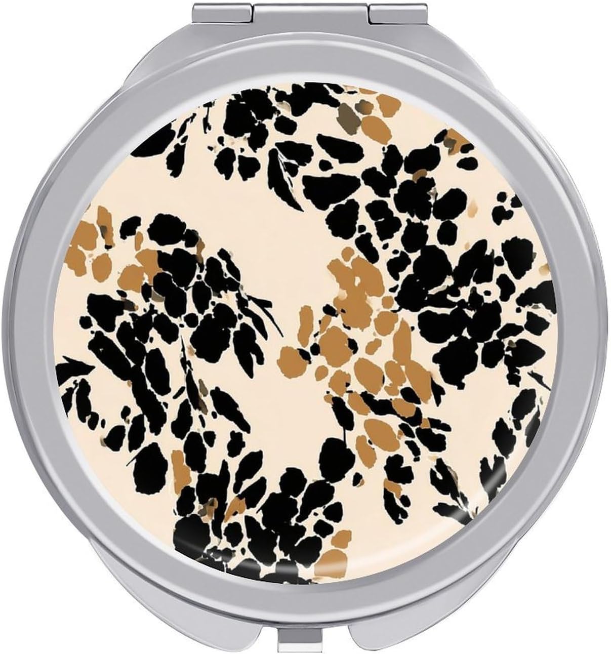 Black and Warm Tan Floral Pattern Compact Handheld Round Foldable Portable Travel Makeup Mini Mirror for Women Girls Purse Pocket