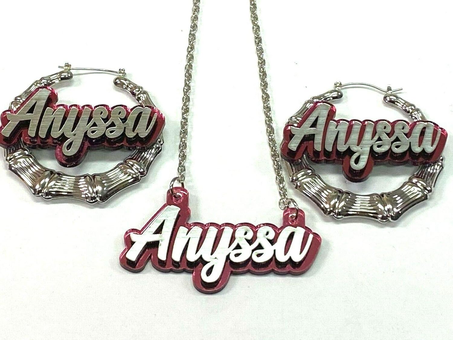 Necklace With Silver Chain and 2.5" Bamboo Earrings Personalized Matching Set Name Plate Custom Nameplate Laser Cut Silver Script Letters Made To Order Any Name - Dazzling and Stunning!