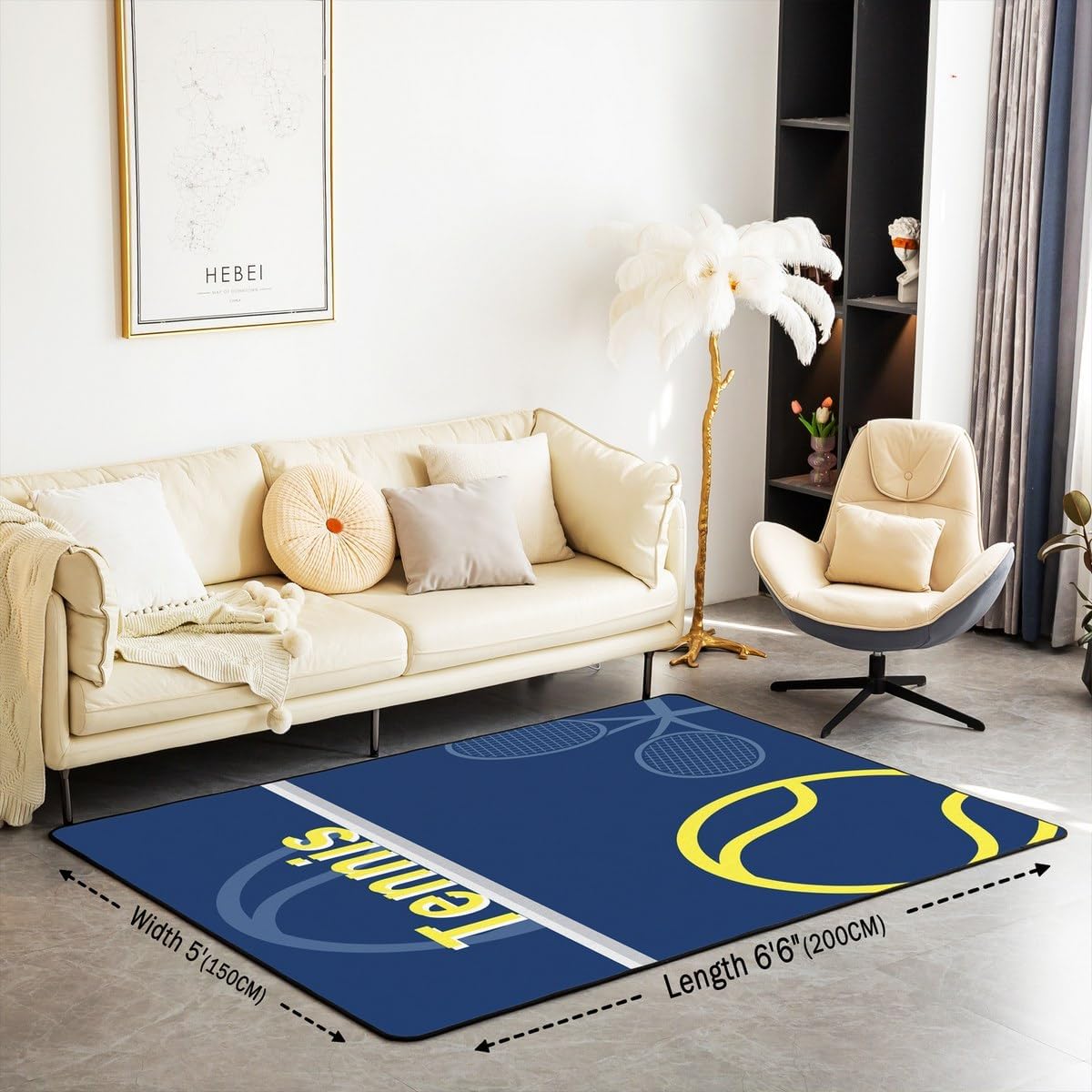Feelyou Kids Tennis Living Room Rugs Area Rug 5x7 Tennis Sports Indoor Floor Mat for Boys Girls Teens Decor Tennis Gaming Accent Rug Blue Yellow Tennis Lovers Decorative Rug