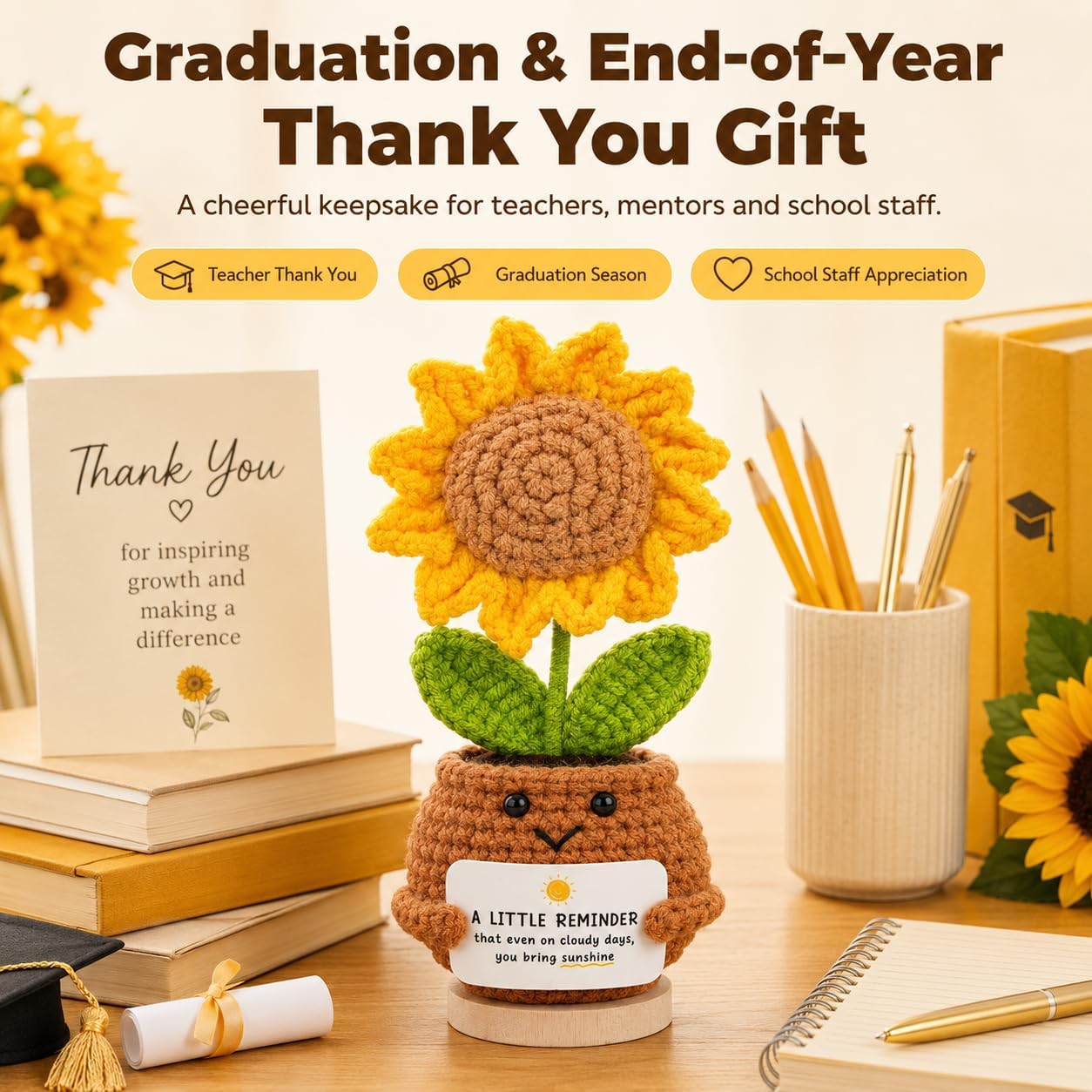 3 Pcs Crochet Sunflower Thank You Gifts, Graduation & End of Year Teacher Gifts from Students, Positive Handmade-Style Sunflower Dolls for Teachers, Mentors, Coworkers, Mom, Friends, Desk Decor