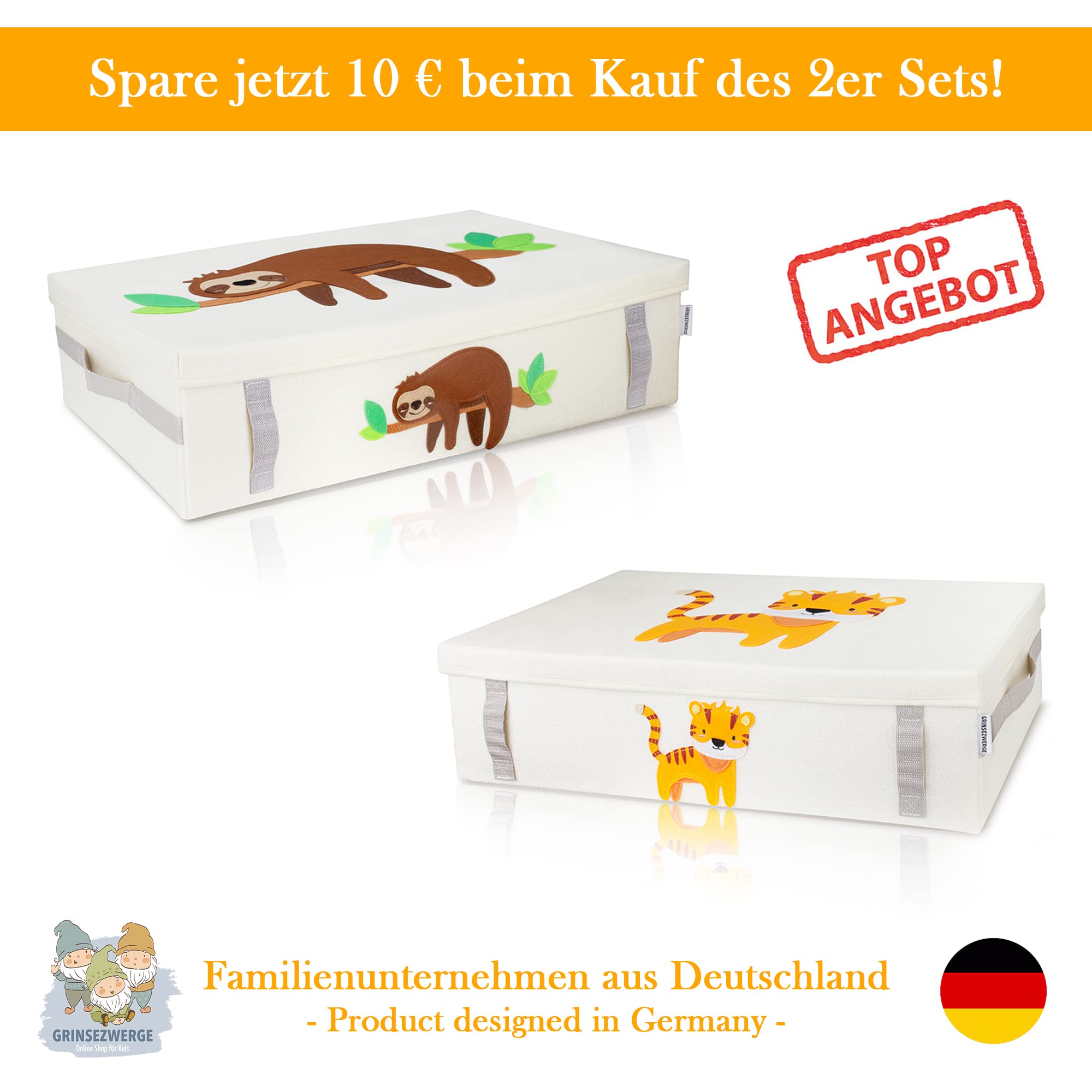 GRINSEZWERGE 2er-Set Spielzeugkiste zur Aufbewahrung unter dem Bett | Unterbettbox Kinder | Aufbewahrungsbox Kinder | große Spielzeugbox mit Deckel für Kinderzimmer | Unterbett Box Kiste flach