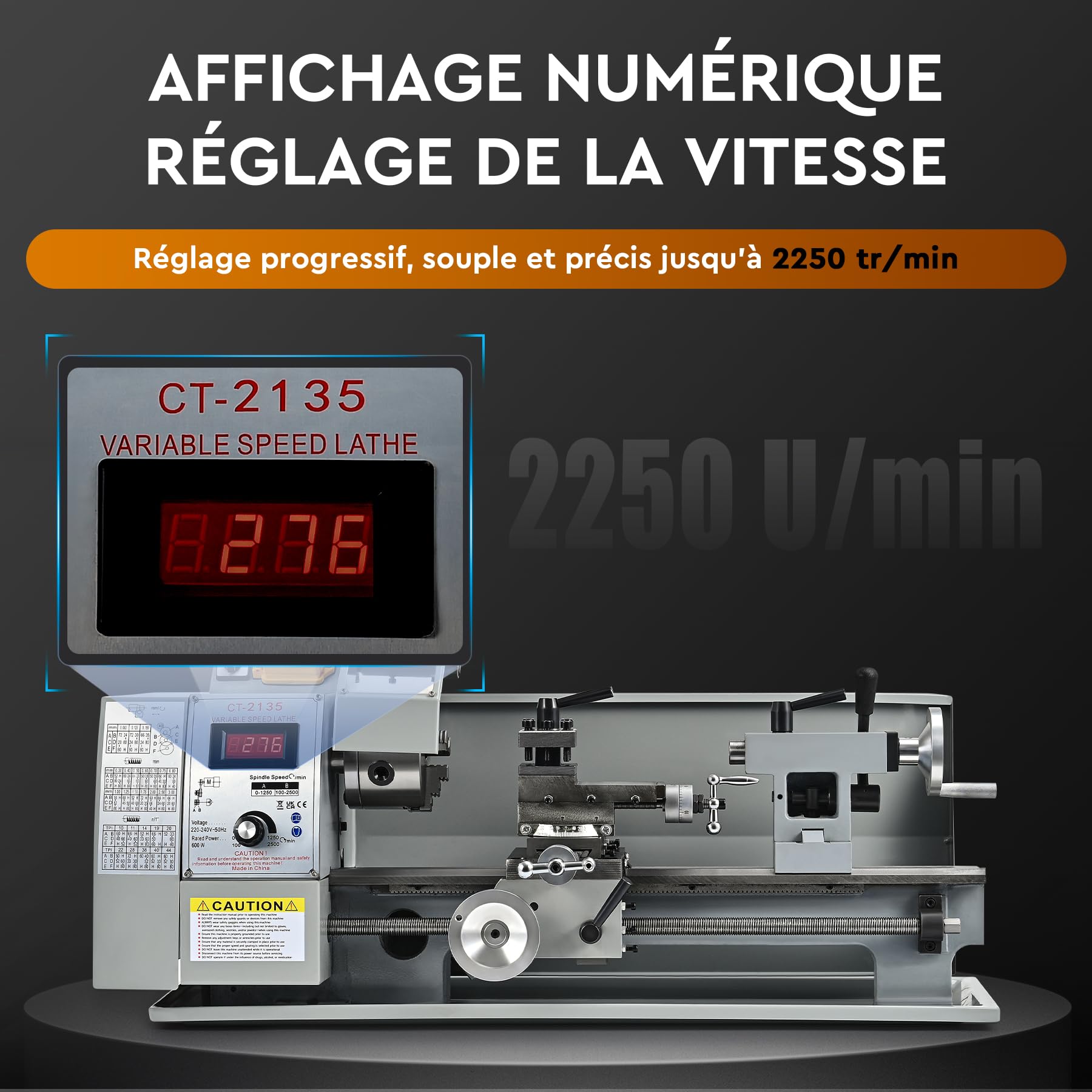 CREWORKS 600W Mini Tour à Métaux d'Établi 21x35 CM avec Mandrin à 3 Mâchoires Vitesse de Broche Max. 2250 tr/min Réglage Progressif pour Filetage Tournage Filetage