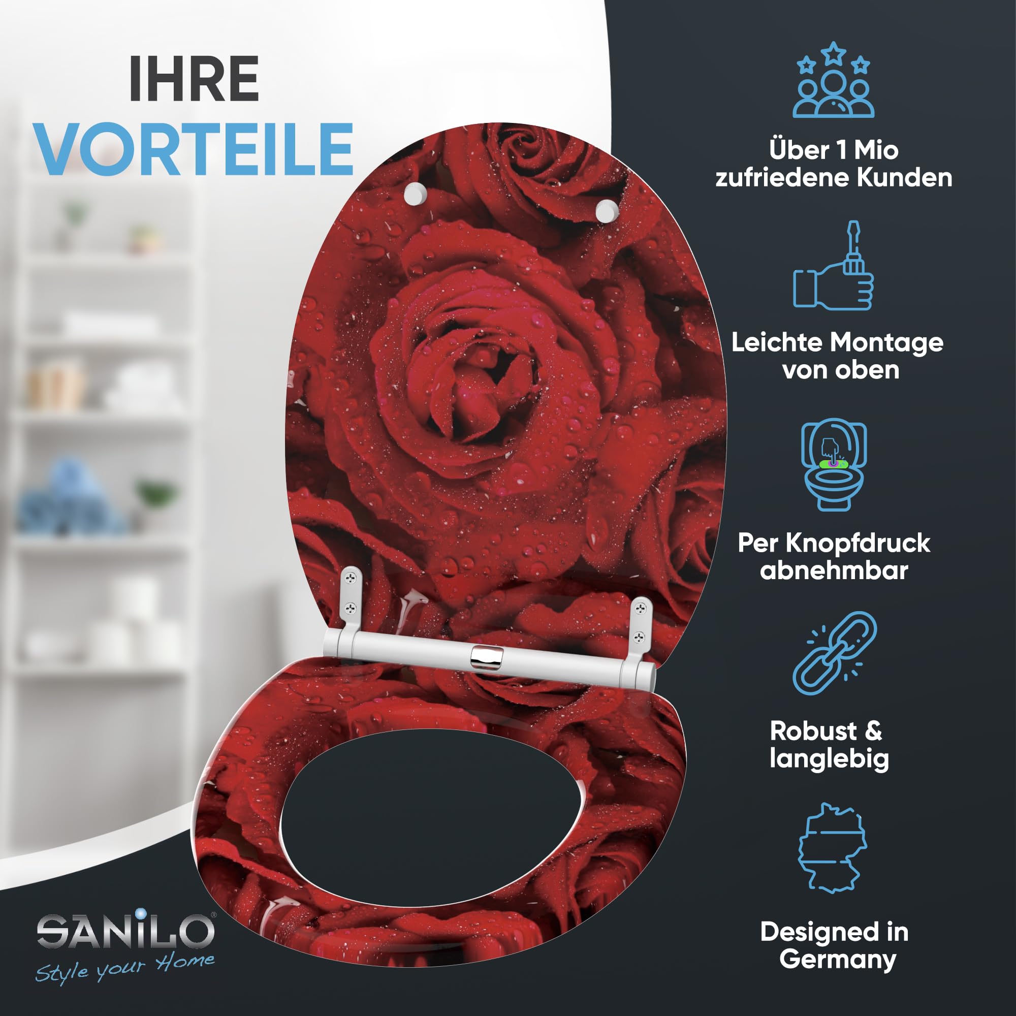 Sanilo WC Sitz mit Absenkautomatik & Quick-Release aus Holz, Rosen