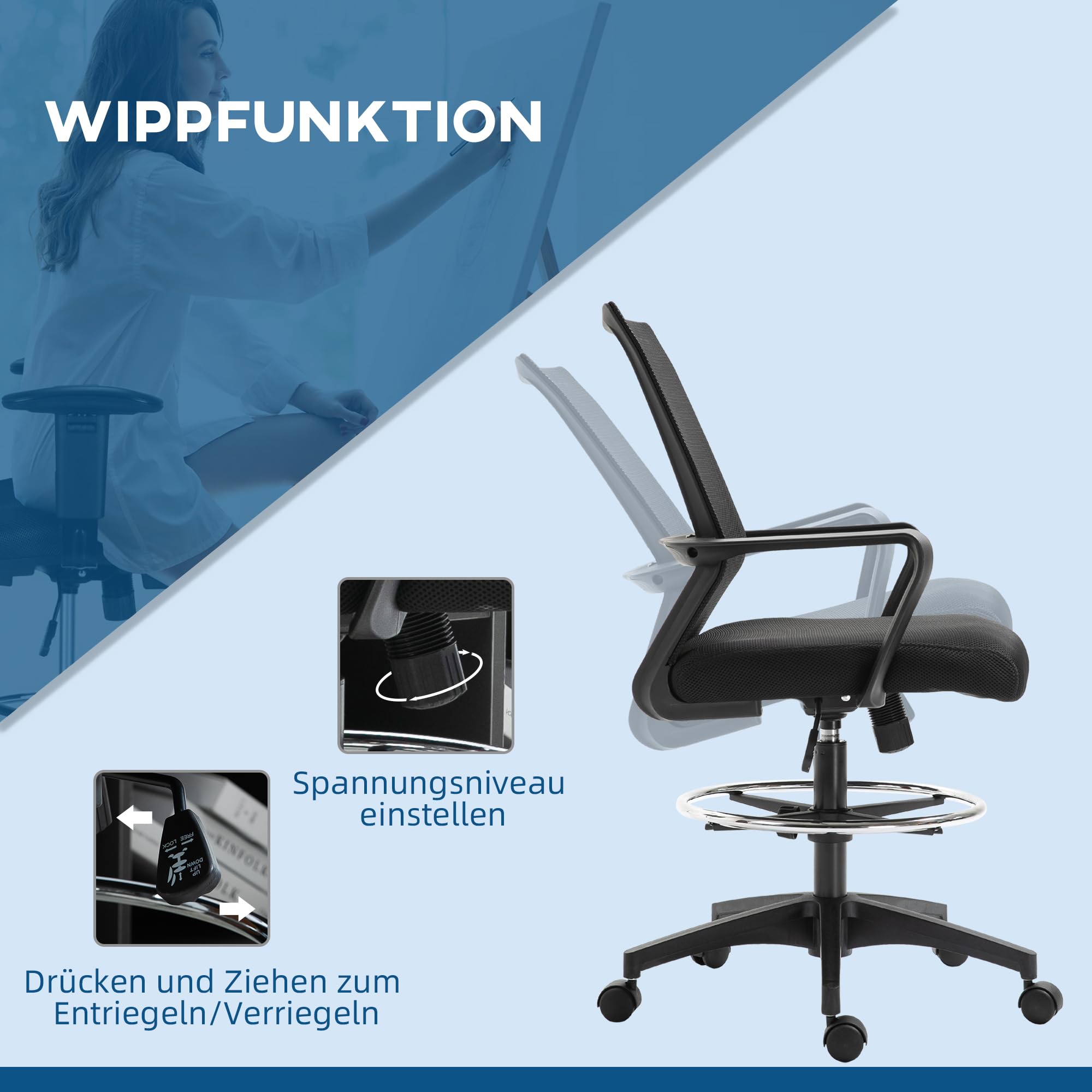 Vinsetto Bürostuhl mit Verstellbarem Fußring Lendenwirbelstütze Schwarz | Ergonomischer Schreibtischstuhl, Höhenverstellbarer Drehstuhl mit Netzbespannung, Zeichenstuhl mit Wippfunktion
