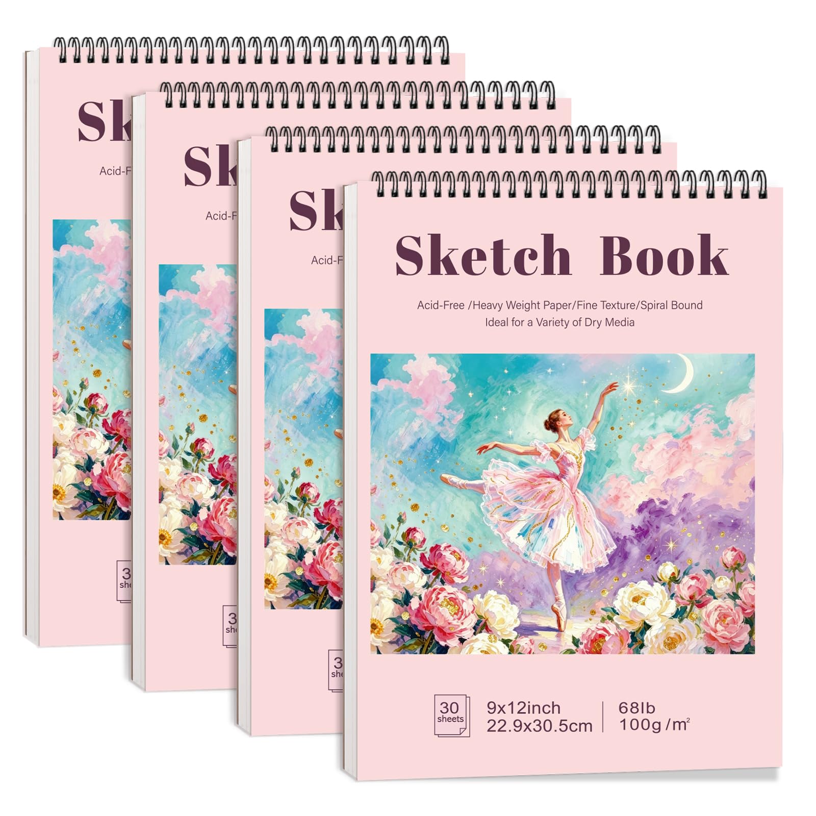 Confezione da 4 quaderni da disegno, 22,9 x 30,5 cm, 30,8 kg/100 g/m², rilegatura a spirale, senza acidi, forniture artistiche per disegno, pittura, schizzi, carta per principianti e artisti (rosa)