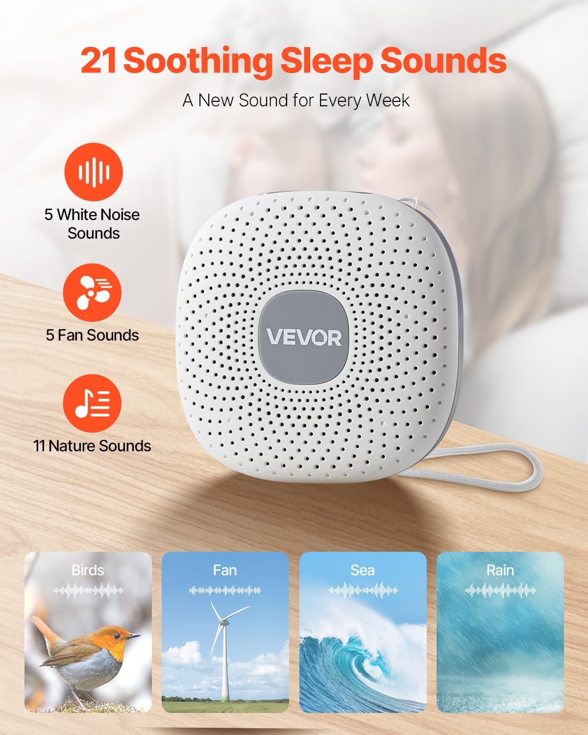 VEVOR Sound Machine, 21 Soothing Sleep Sounds, 3-in-1 Portable and Hangable White Noise Sound Machine with Auto-Off Timer, Soft Ring Light and Memory Function, for Baby, Adults, Home, Office & Travel