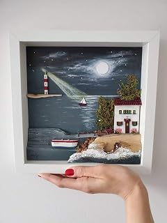 Cadre decoratif petites maisons en bois recycle fait main soiree marine phare
