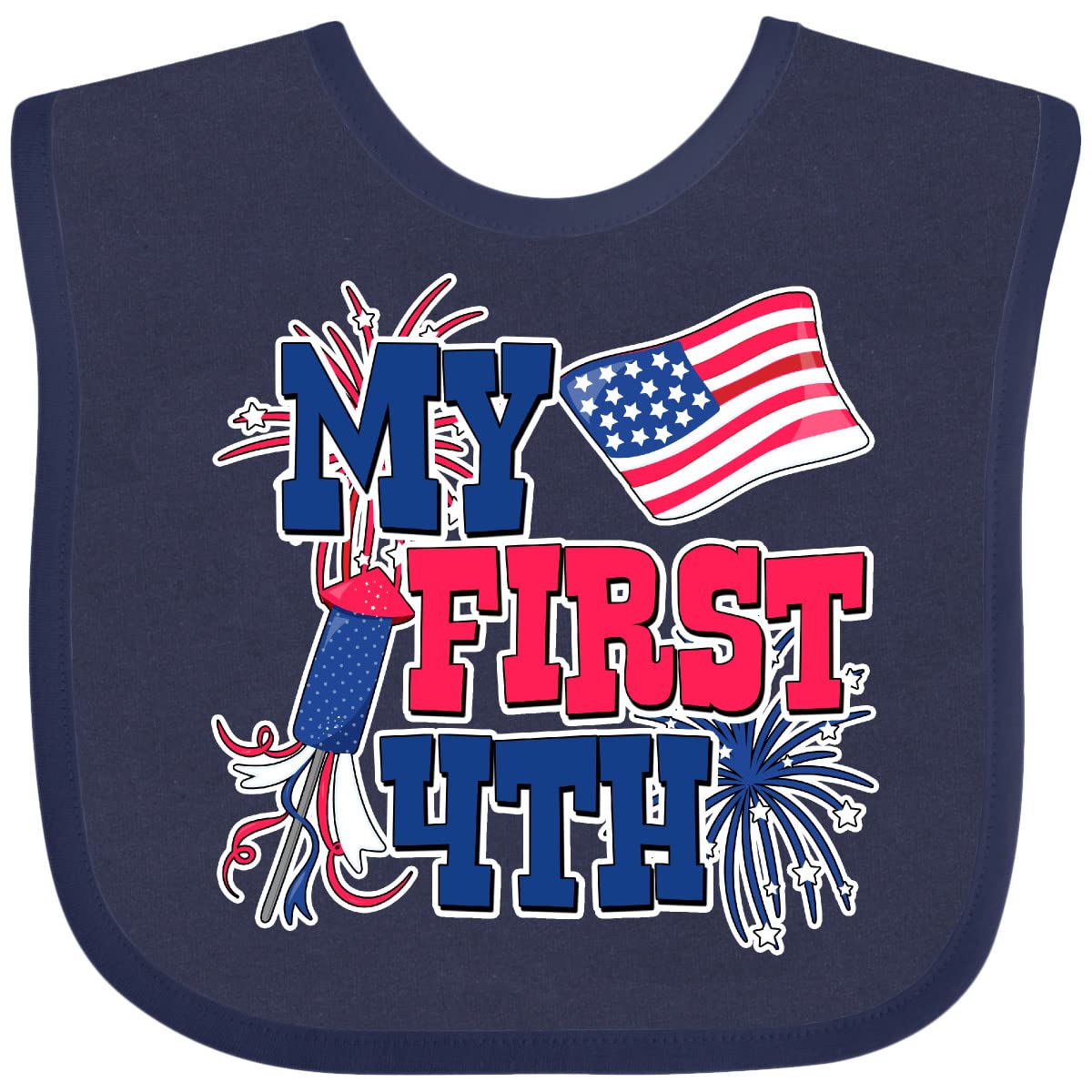 inktastic My First 4th with American Flag Rocket and Fireworks Baby Bib Navy Blue 29cca
