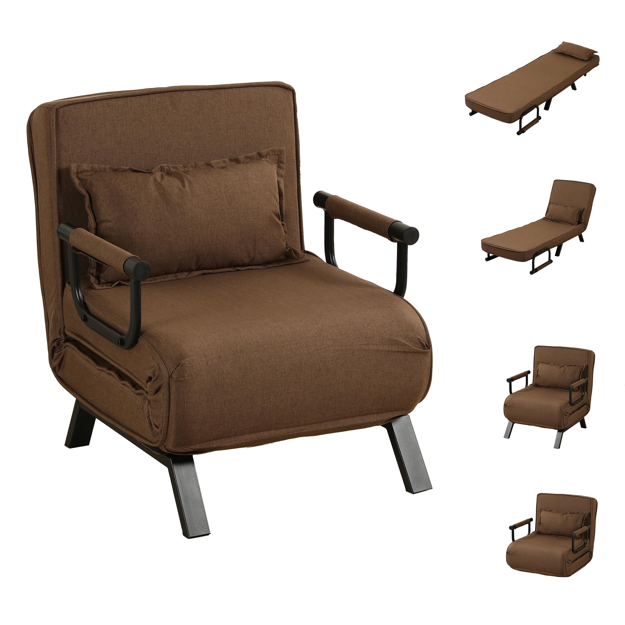 WestWood 4-in-1 Multi-Functional Convertible Sofa Bed Recliner Chair Sleeper Floor Chair Lounger Versatile Folding Guest Bed 6-Position Removable Pillow Adjustable Small Spaces (Coffee)