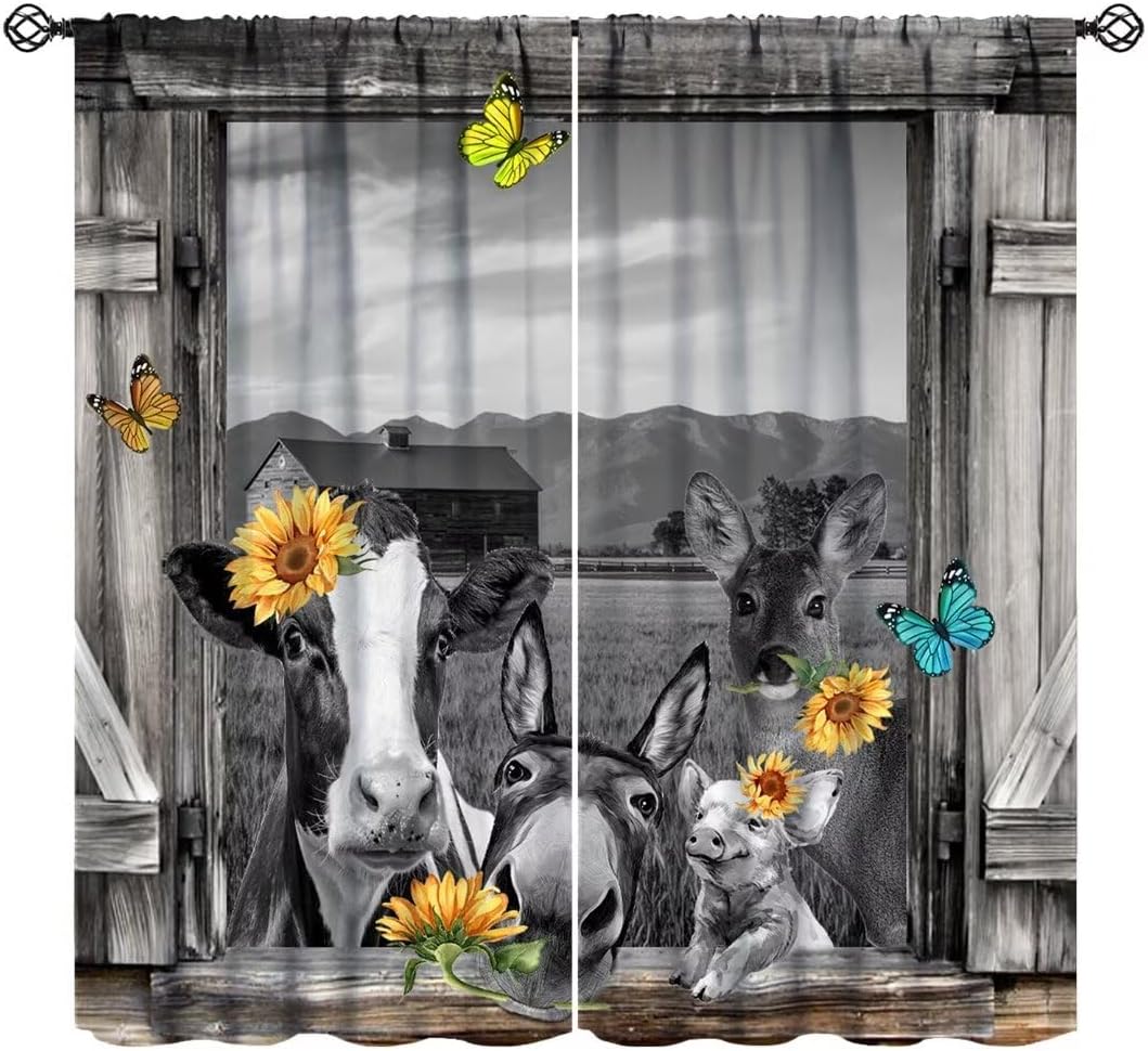 Farmhouse Cow Kitchen Curtains, Rustic Farm Country Vintage Cattle Donkey Pig Barn Door Wood Print Rod Pocket Window Drapes Treatment for Living Room Bedroom 42x45 Inch