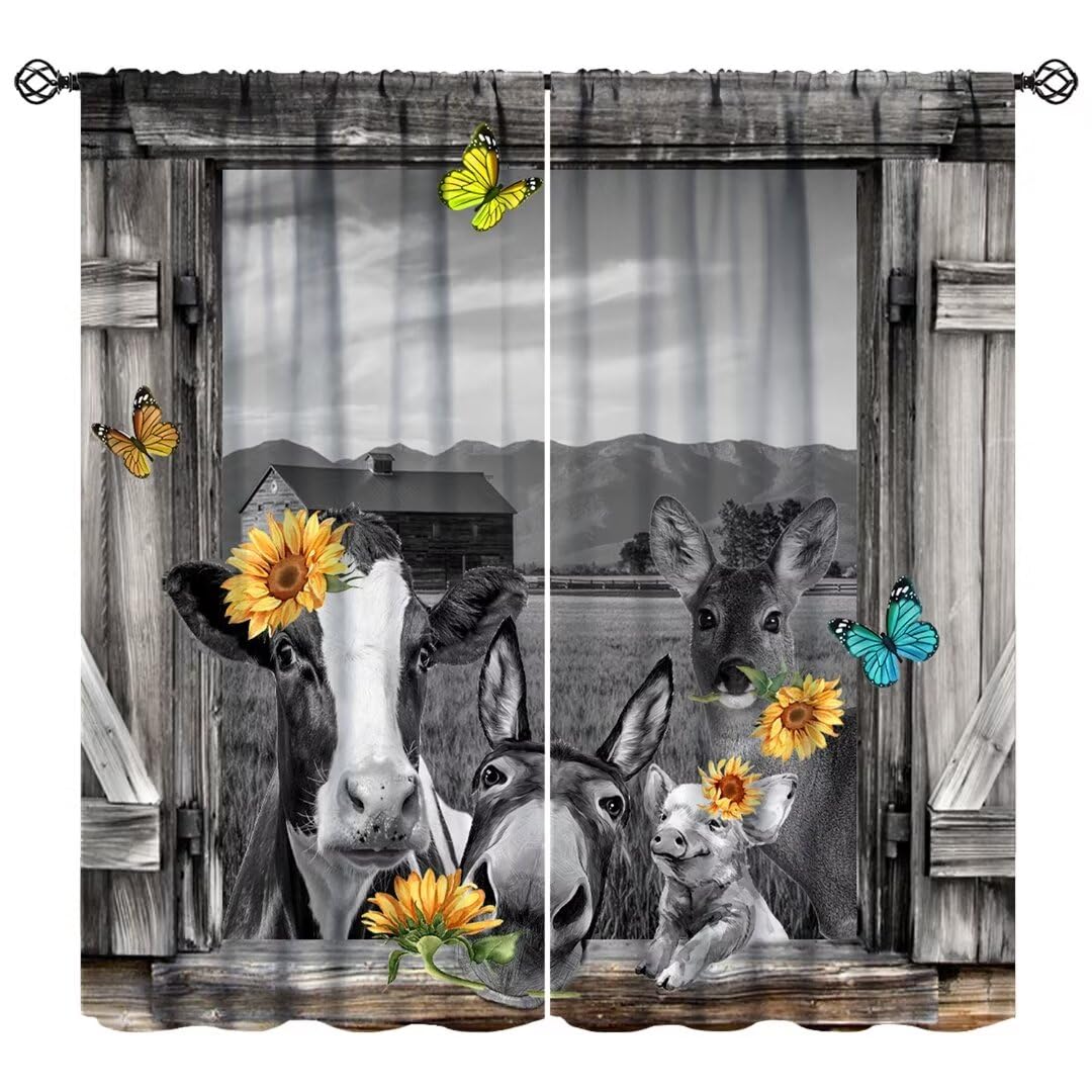 JanJCurt Farmhouse Cow Kitchen Curtains, Rustic Farm Country Vintage Cattle Donkey Pig Barn Door Wood Print Rod Pocket Window Drapes Treatment for