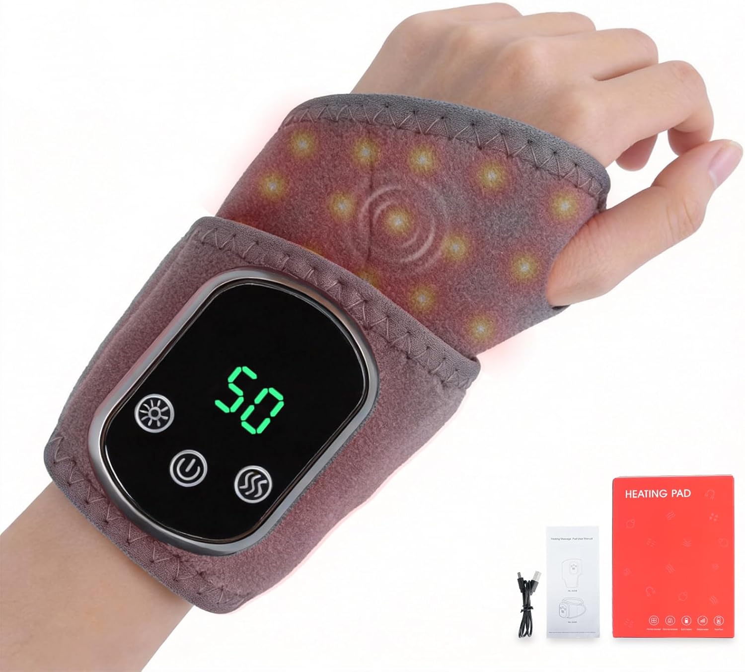 Cordless Wrist Massager with Heat & Vibration, Rechargeable Heated Wrist Brace, Red Light for Carpal Tunnel/Arthritis, Portable for Office/Travel/Gym, Left/Right Hand Universal, Gifts for Men Women