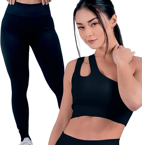 Conjunto Fitness Top e Legging Canelados Klew Tech Sem Costura Poliamida com LYCRA® e Proteção UV+
