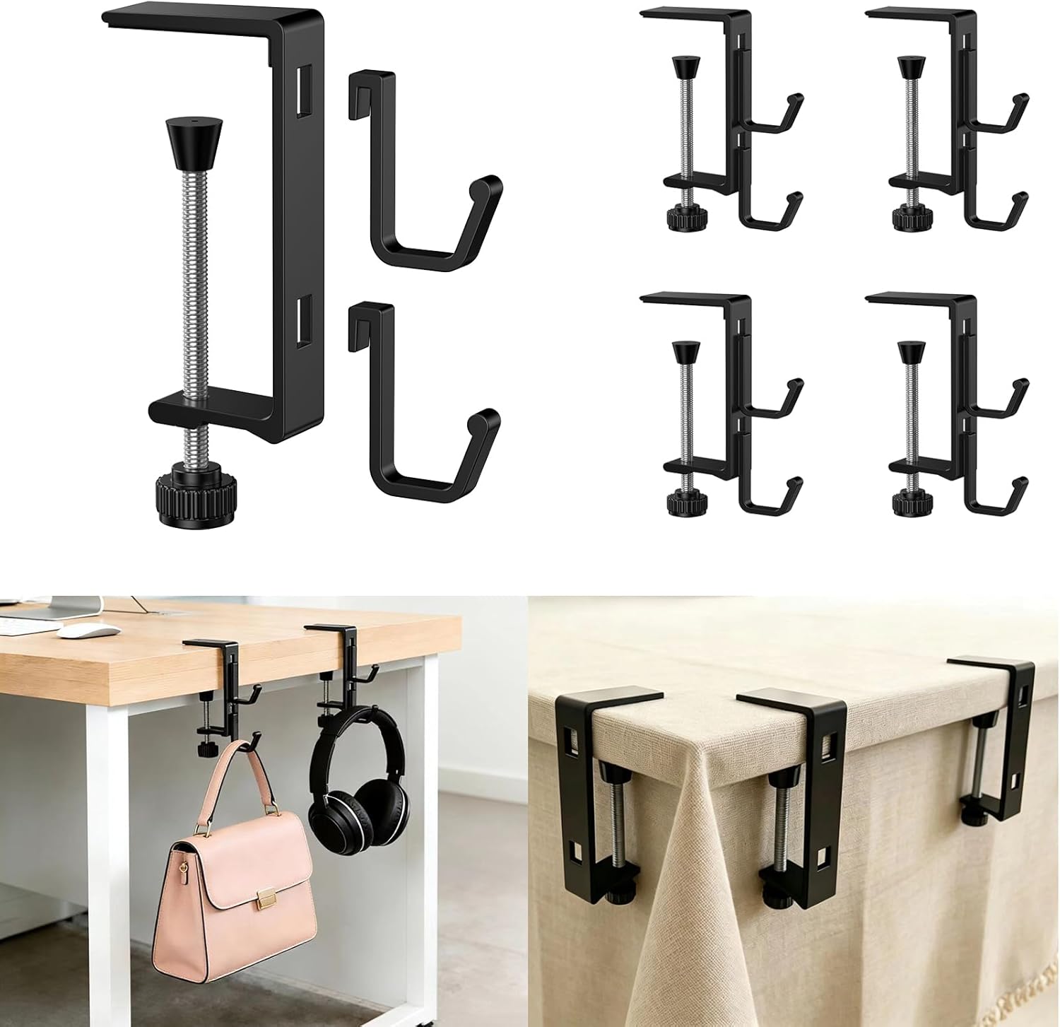 4 Sets Purse Hook for Table，Also Tablecloth Clips, Adjustable 0.6-2.75 Inch Thick Desks, Multifunctional Detachable Space Aluminum, Bag Hooks, Headphone Stand and Picnic Table Clips.