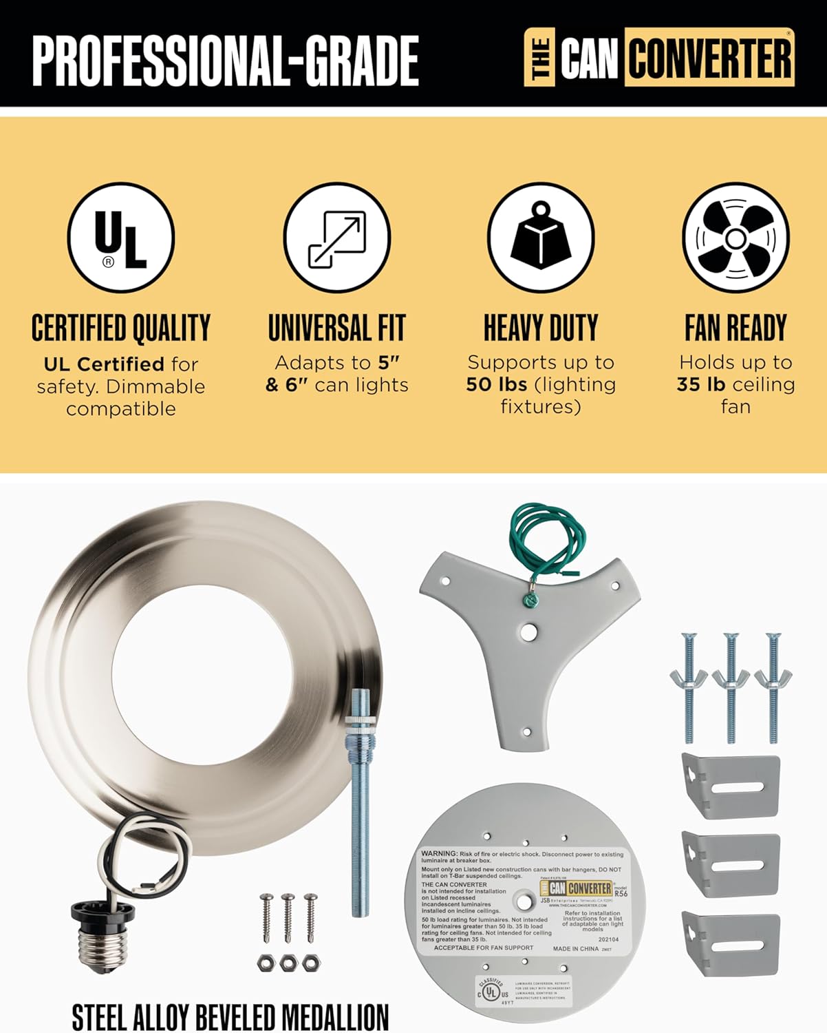 The Can Converter R56 Recessed Can Light Conversion Kit w/ 7"¾ Beveled Ceiling Medallion - Home Improvement for 5" & 6" Cans, Ceiling Fan & Light Fixture Converter Kit, UL Certified, Brushed Nickel
