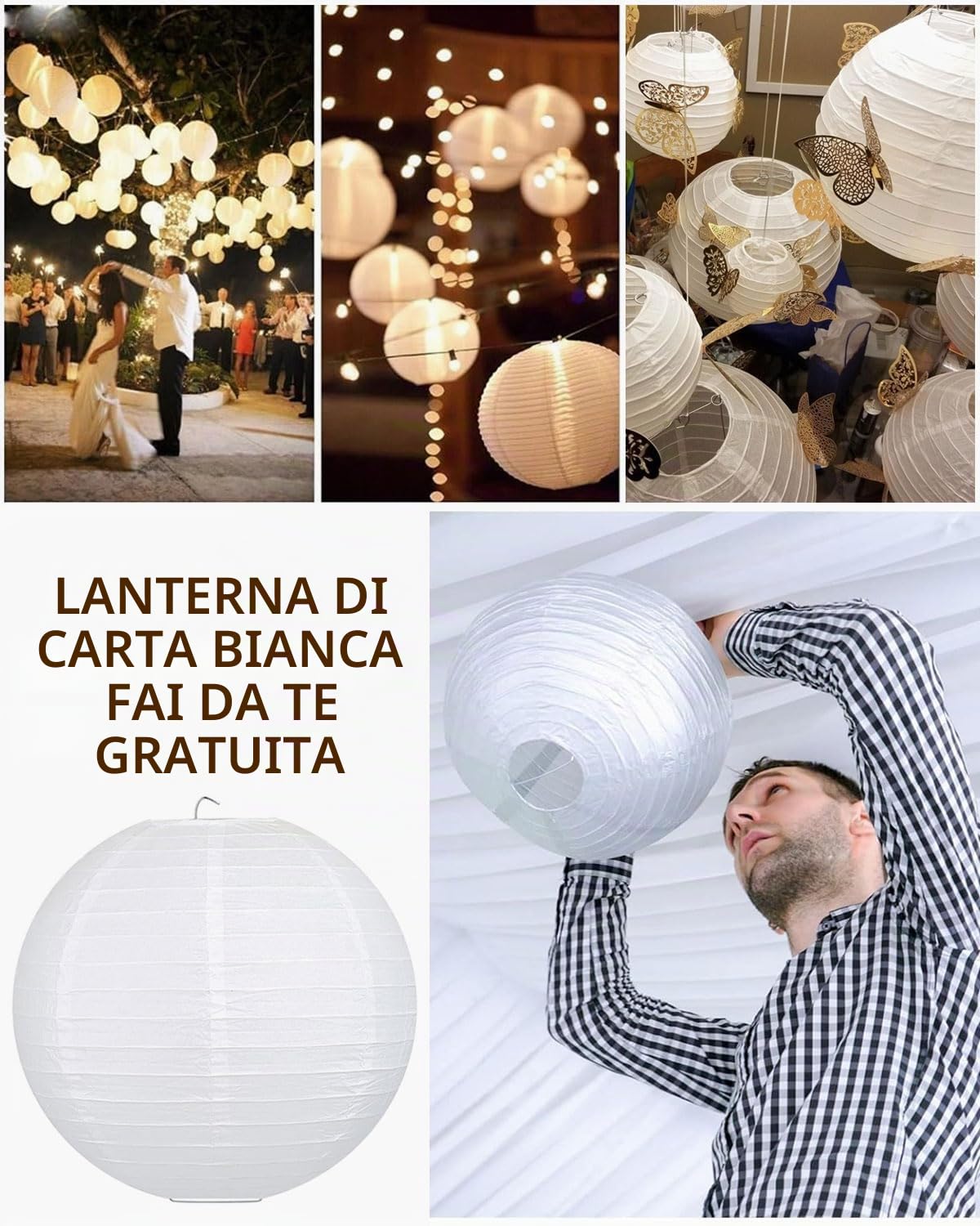da 3 pezzi Set paralume, lanterna rotonda bianca, paralume lampadario, orologio di carta rotondo, paralume lampadario in tessuto piccolo da 25 cm, paralume rotondo bianco（25CM）