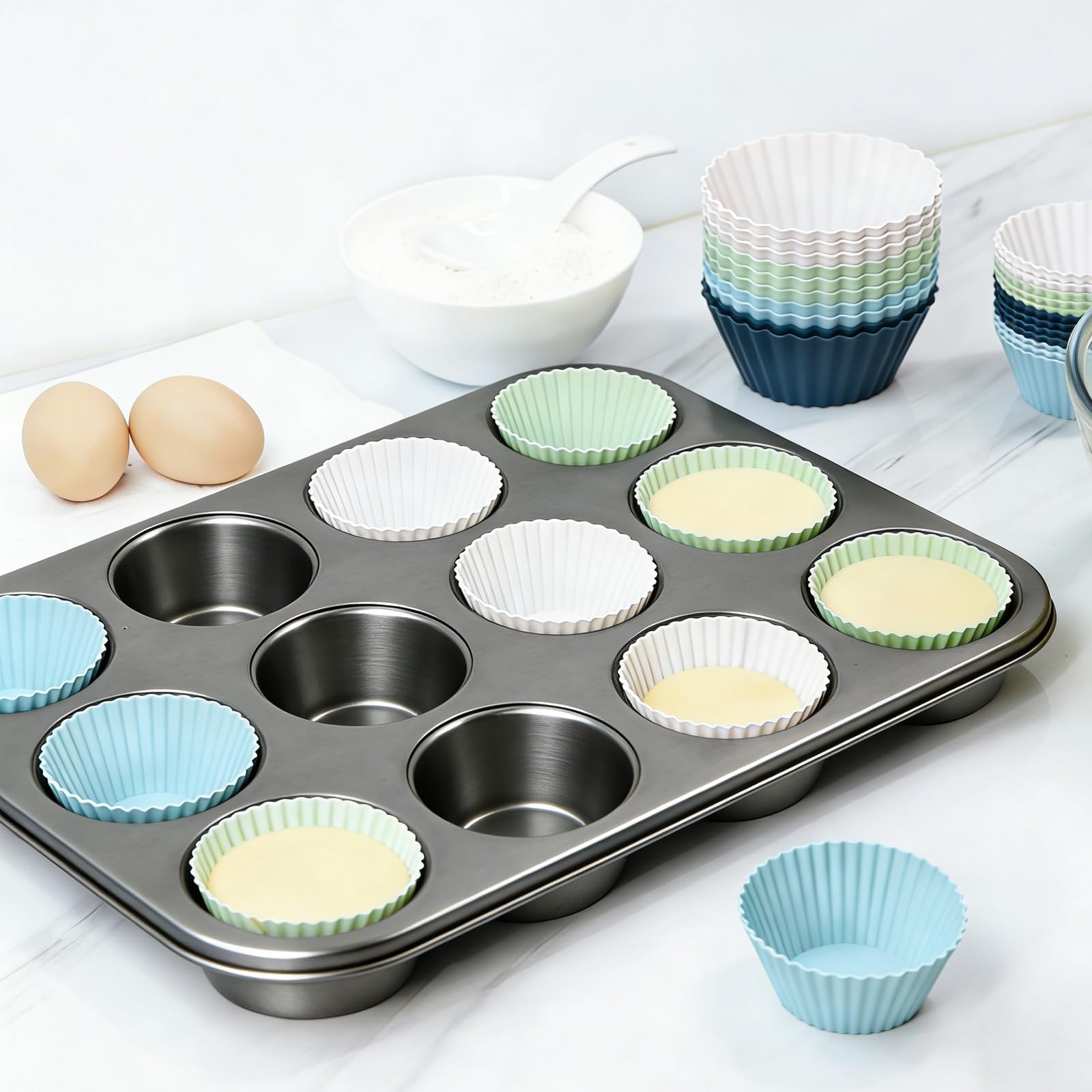 Reusable Silicone Baking Cups, 12-Pack Non-Stick Muffin & Cupcake Liners for Oven, Microwave, Freezer - Easy Clean, Dishwasher Safe, Multicolor Assortment