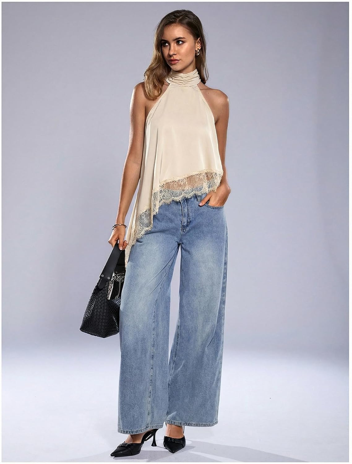 Milumia Women's Halter Neck Sleeveless Top Lace Asymmetrical Hem Summer Going Out Tank Tops - Image 5