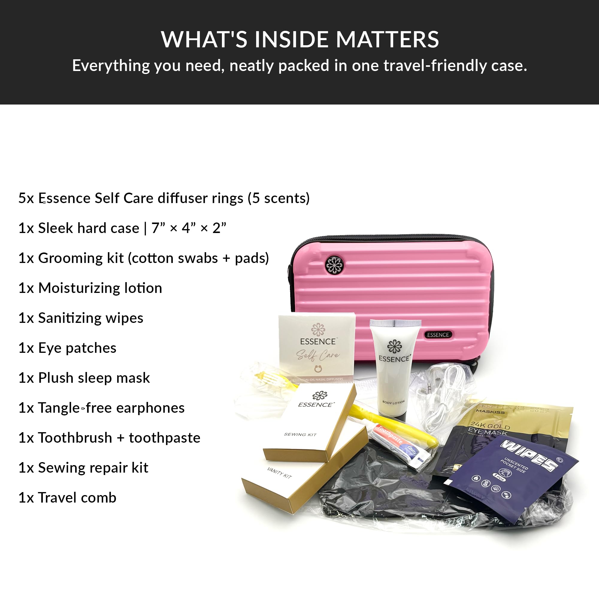 Essence Kit da viaggio | Kit essenziale da viaggio e kit di articoli da toeletta da viaggio | Confezione da 5 anelli diffusori nasali, maschera per dormire, lozione e kit igienico | Kit da toilette da
