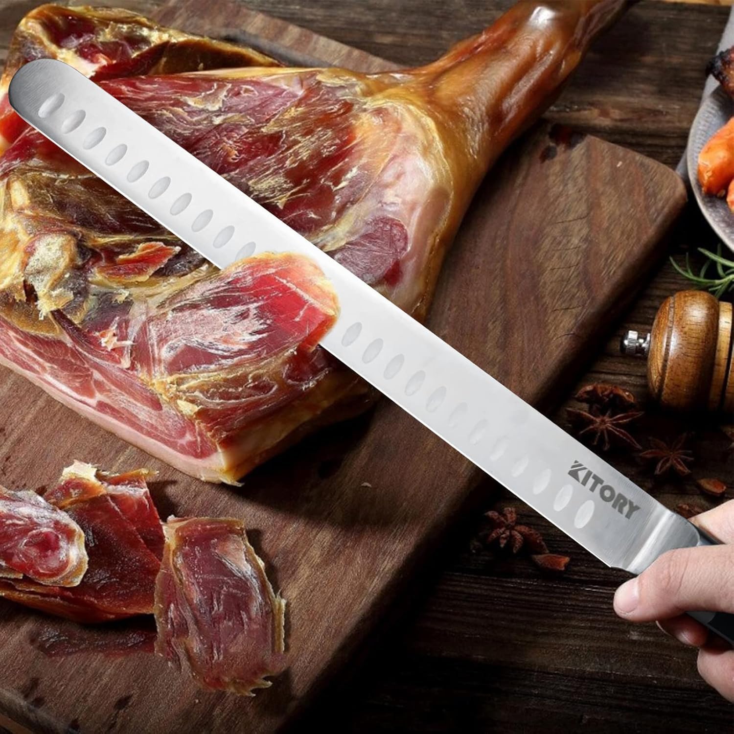Kitory Couteau à Jambon 30 cm, Couteau à Découper Professionnel, en acier inoxydable allemand de haute qualité, avec manche ergonomique en bois de pakka, livré dans un coffret cadeau