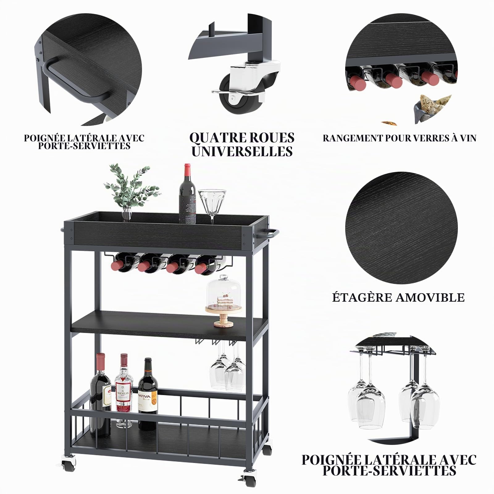 Huhote Chariot de Service, Chariot de Cuisine, Chariot de Bar avec roulettes, Chariot à vin avec Porte-Bouteille, 3 étages, Chariot à Boissons pour Salon, Salle à Manger, Cuisine, Bar, fête, Grain de