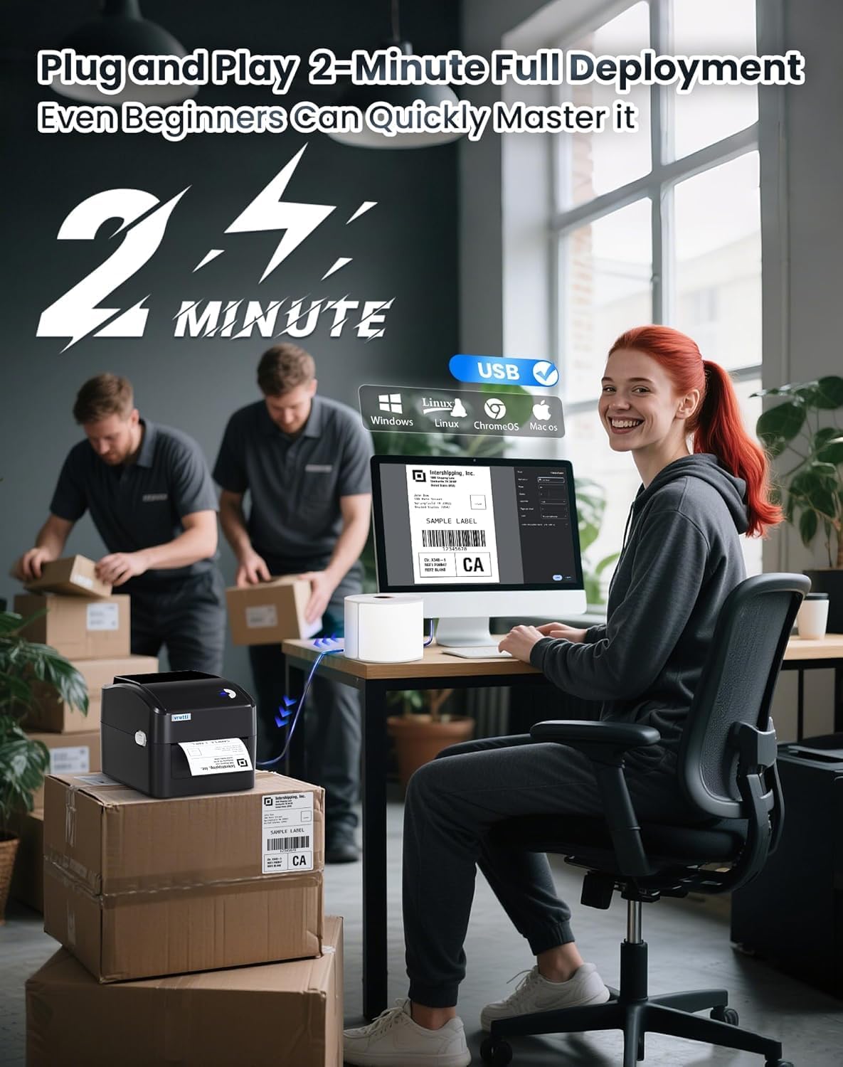 Connectivity compatibility guide for vretti label printer showing USB support for MacOS, Windows, Linux, Chrome OS, and Bluetooth support for iOS, Android, Tablets, with no Bluetooth support for MacOS, Windows, Linux, Chrome OS.