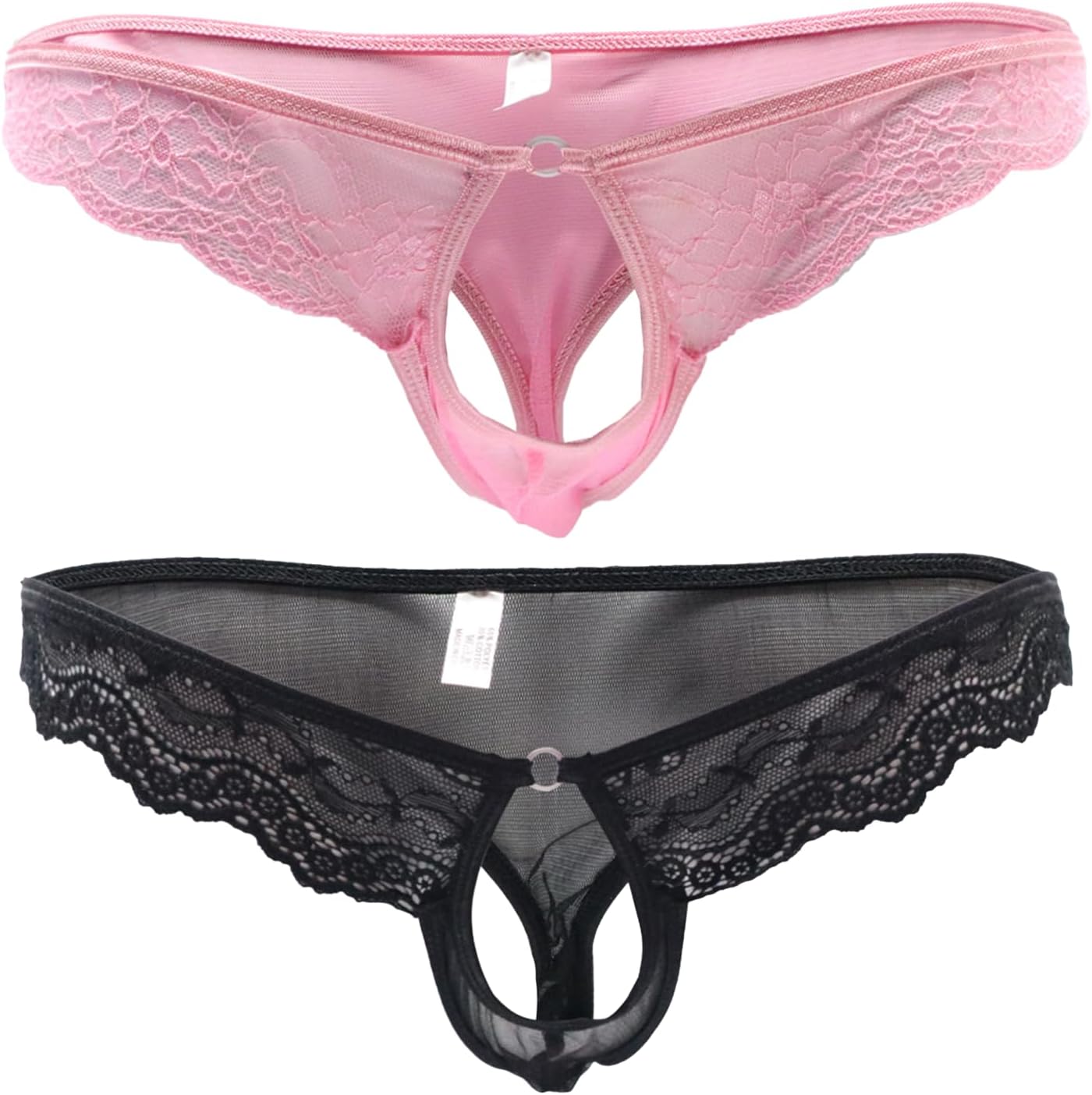 Men's Sissy Lingerie Open Front Low Rise Thong Soft Lace See Through G-string Male Extreme Bikini Panties 2-Pack