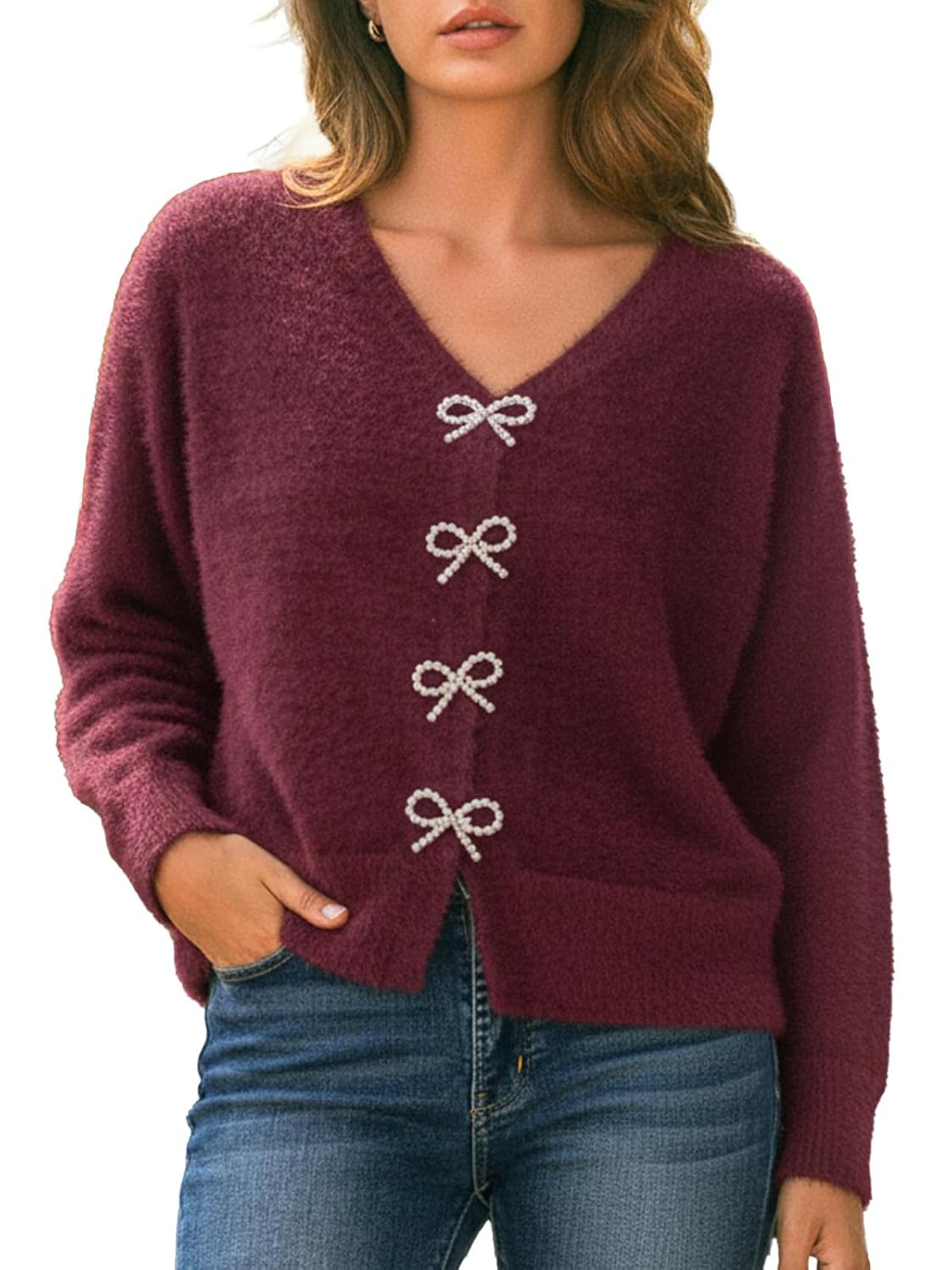 CUPSHE Womens Long Sleeve Knit Cardigan Bow Buttons Lightweight Open Front Sweater Fall Winter Casual Sweater Top