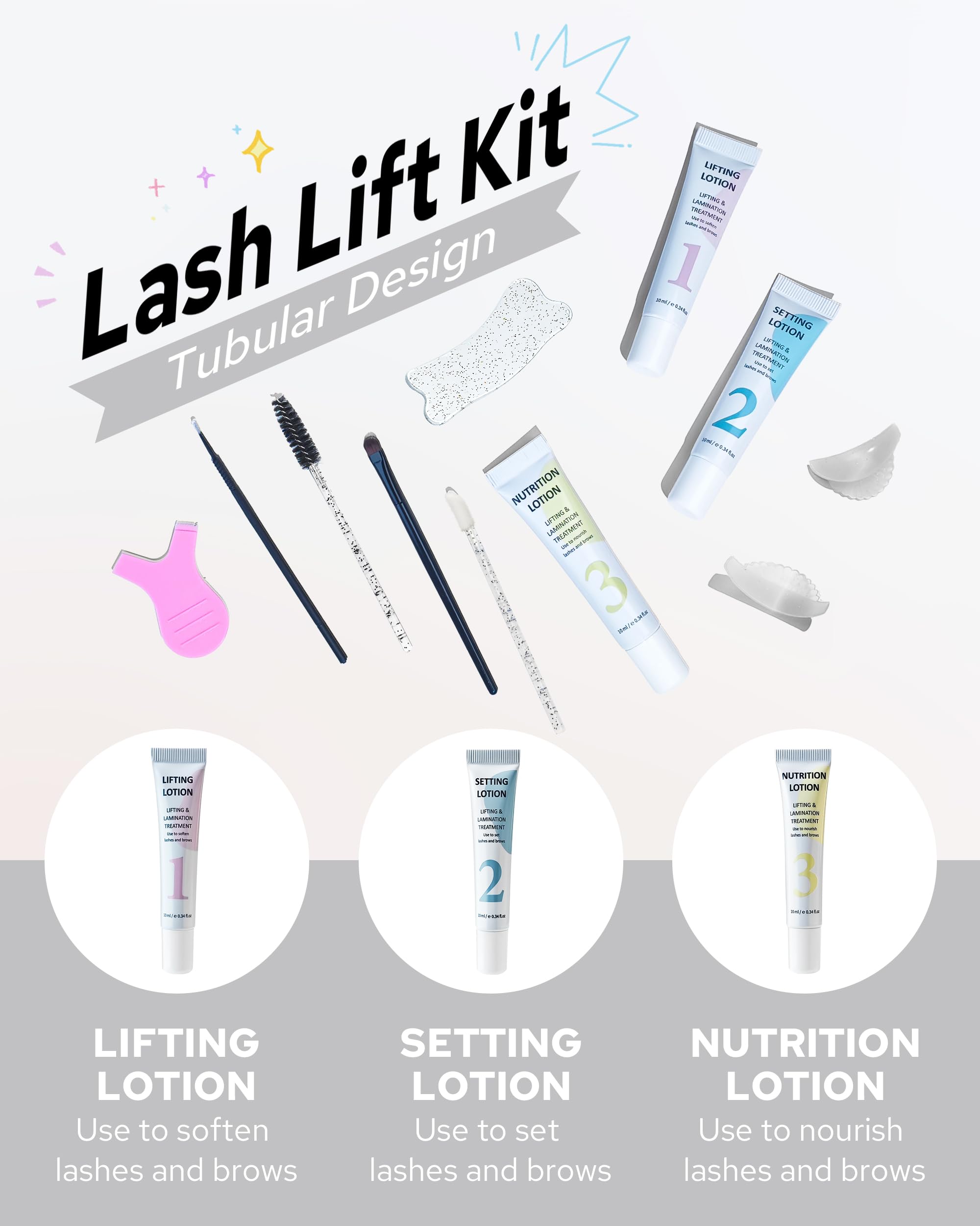 Libeauty Kit Lifting de Pestañas y Laminación de Cejas, Diseño en Tubo para Fácil Aplicación, Control Preciso, Ricci Naturales, Uso en Casa y Salón