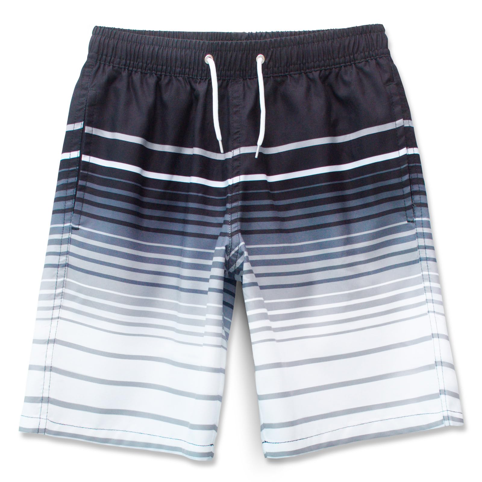 MEILONGER Badehose Jungen Badeshorts Schnelltrocknend Boardshorts mit Netzfutter Taschen und Verstellbarem Tunnelzug(Gestreiftes Grau,164)