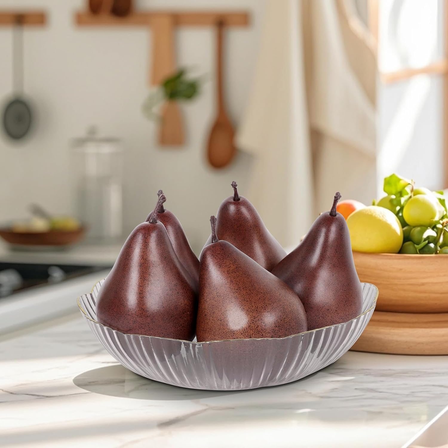 5Pcs Fake Pears Artificial Fruits Vivid Brown Pear Decorative Simulation Pear Fruits Faux Lifelike Pears Fruit for Kitchen Party Home Office Table Centerpieces Supermarket Decoration