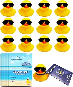 12 Cruise Duck Tags Set Includes 12 Cruise Rubber Ducks with Sunglasses for Cruise Ships 12 Cruising Duck Tag Card 12 Rubber Bands for Hiding Carnival Cruise Ducking Game Party