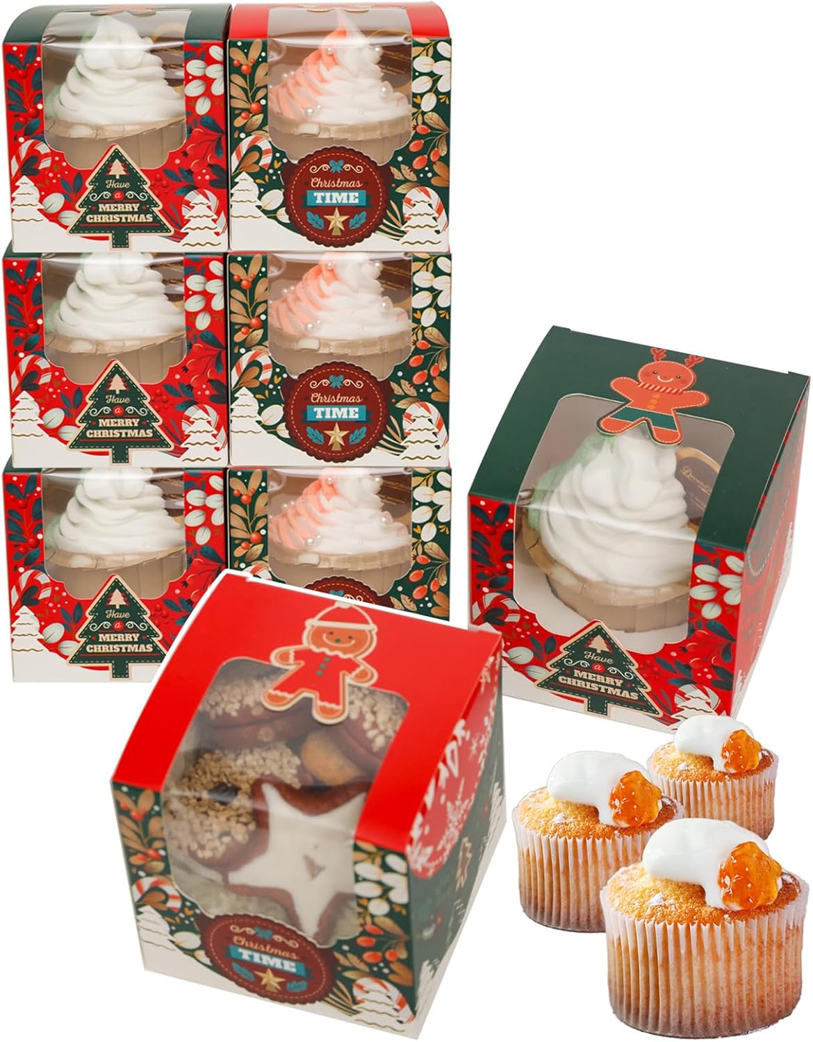 qiqee Christmas Cupcake Boxes 60pcs 3.5x 3.5x3.5 inch Auto-Popup Single Cupcake Container for Christmas(60 Boxes+60 Inserts)