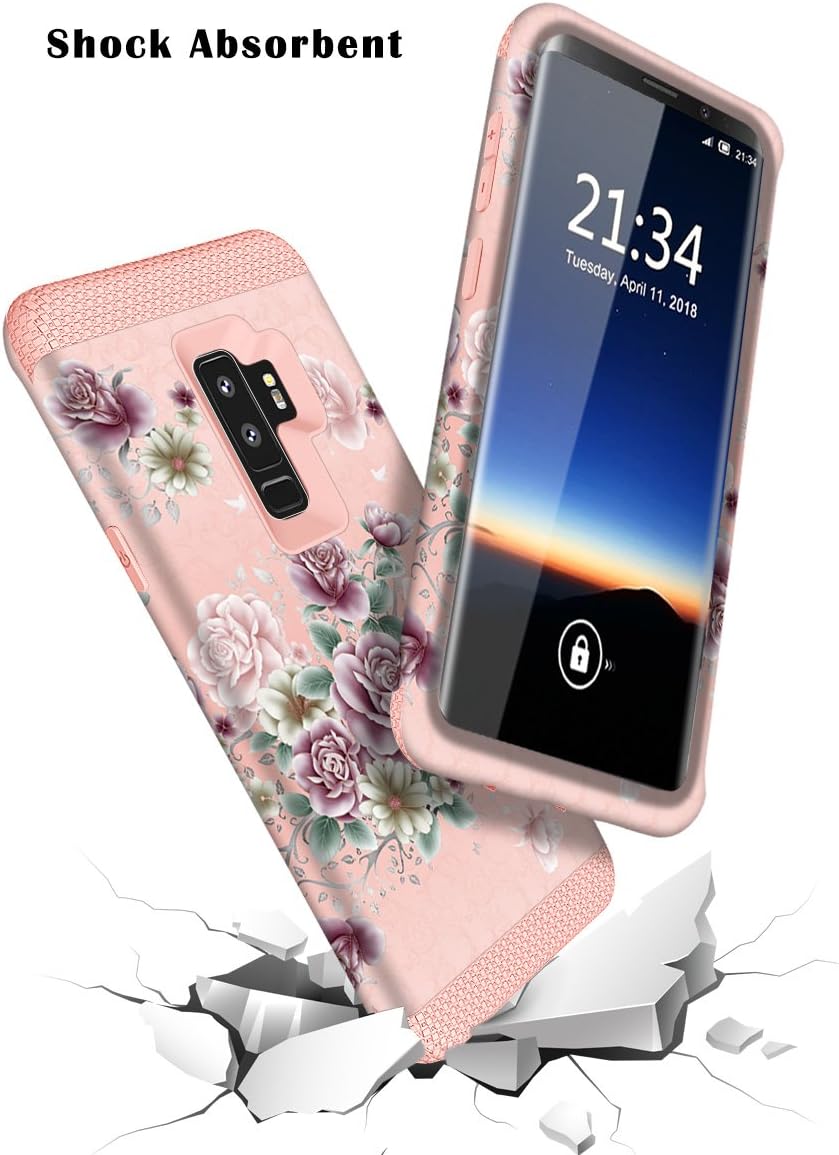 Galaxy S9 Plus Case w/Unique Floral Design, Hocase Sturdy 3-Piece Heavy Duty Shockproof Protection Hard Armor Cover Rubber Protective Case for Samsung Galaxy S9 Plus 2018 - Rose Gold Purple Flowers