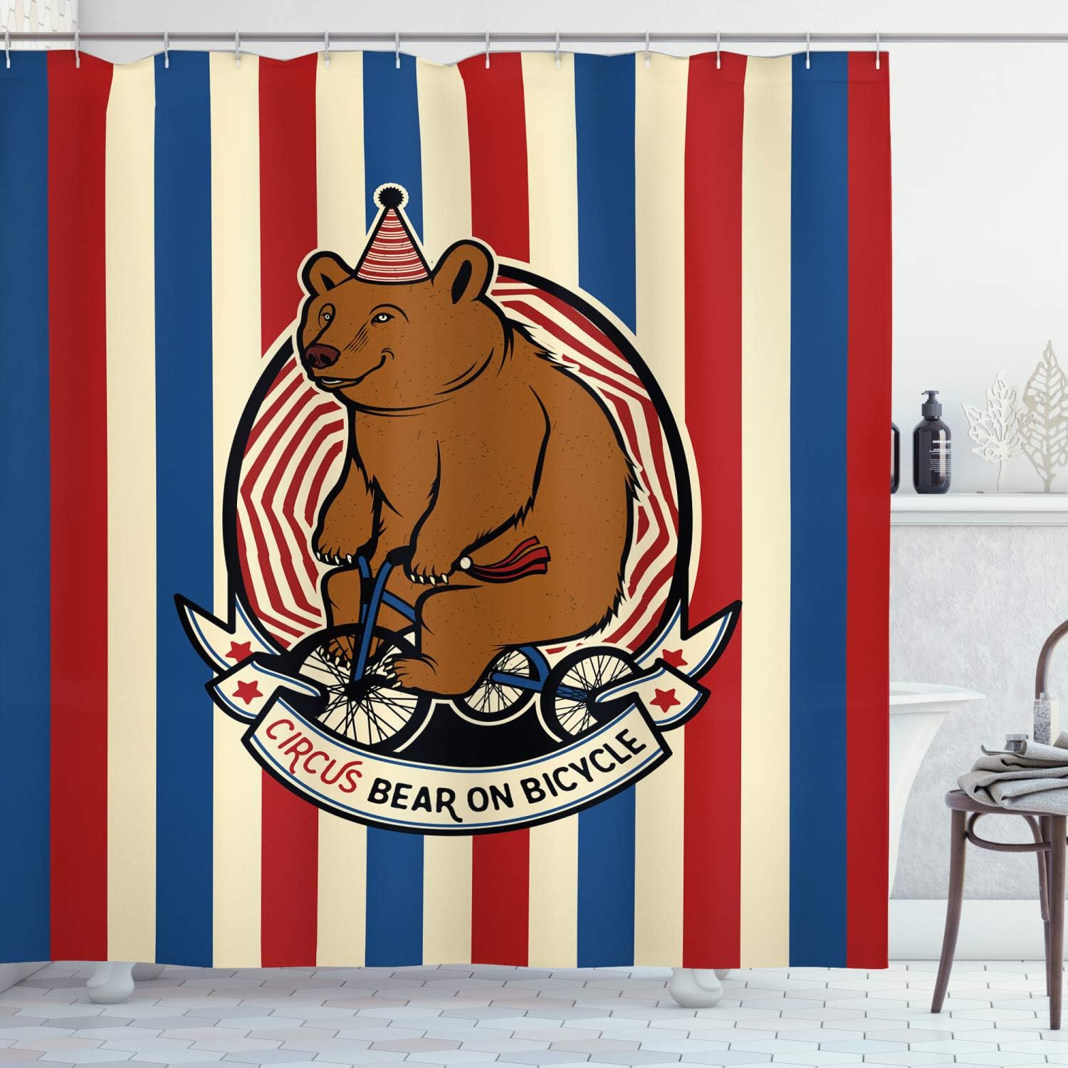 Ambesonne Bear Shower Curtain, Circus Bear on Bicycle Carnival Theme Mascot with Hat on Striped Backdrop, Cloth Fabric Bathroom Decor Set with Hooks, 69" W x 75" L, Brown Blue