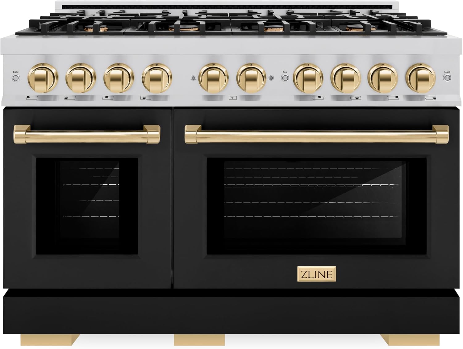 ZLINE Autograph Edition 48 in. 6.7 cu. ft. Select Double Oven Gas Range with 8 Burner Cooktop in Stainless Steel with Black Matte Doors and Polished Gold Accents (HGRZ-BLM-48-G)