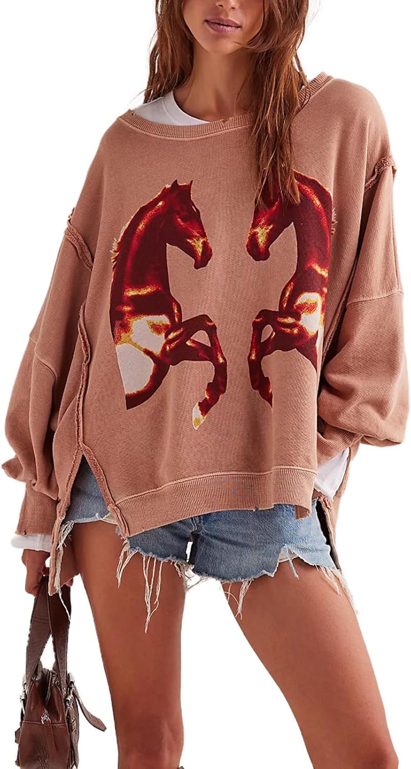 Oversized Graphic Sweatshirts Women Y2k Crewneck Vintage Aesthetic Shirts Tops Teens Drop Shoulder Jacket Sweater