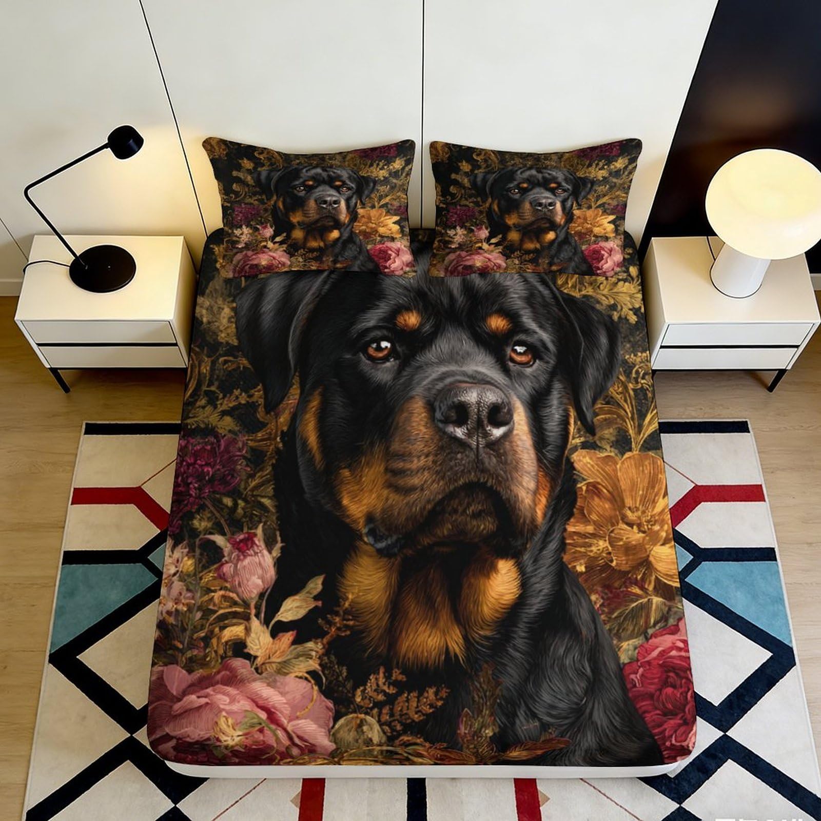 3D Printed Rottweiler Floral Fitted Sheet Microfiber Non-Slip Bed Cover for Bedroom Guest Room Mattress Protection Decor 120x200x25cm