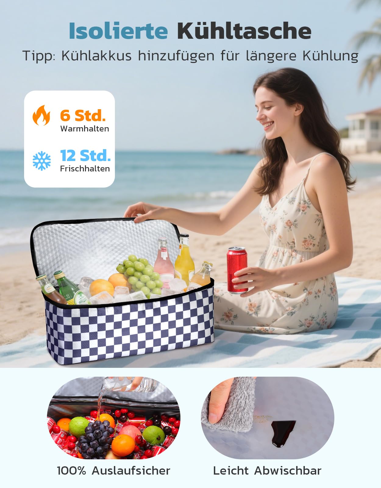 ISEYOU Strandtasche XXL Familie mit Kühltasche, Groß Strandtasche mit Reißverschluss Wasserdicht Sanddicht, Handtasche Damen 49L, Faltbar Badetasche für Reisen Fitnessstudio Picknick
