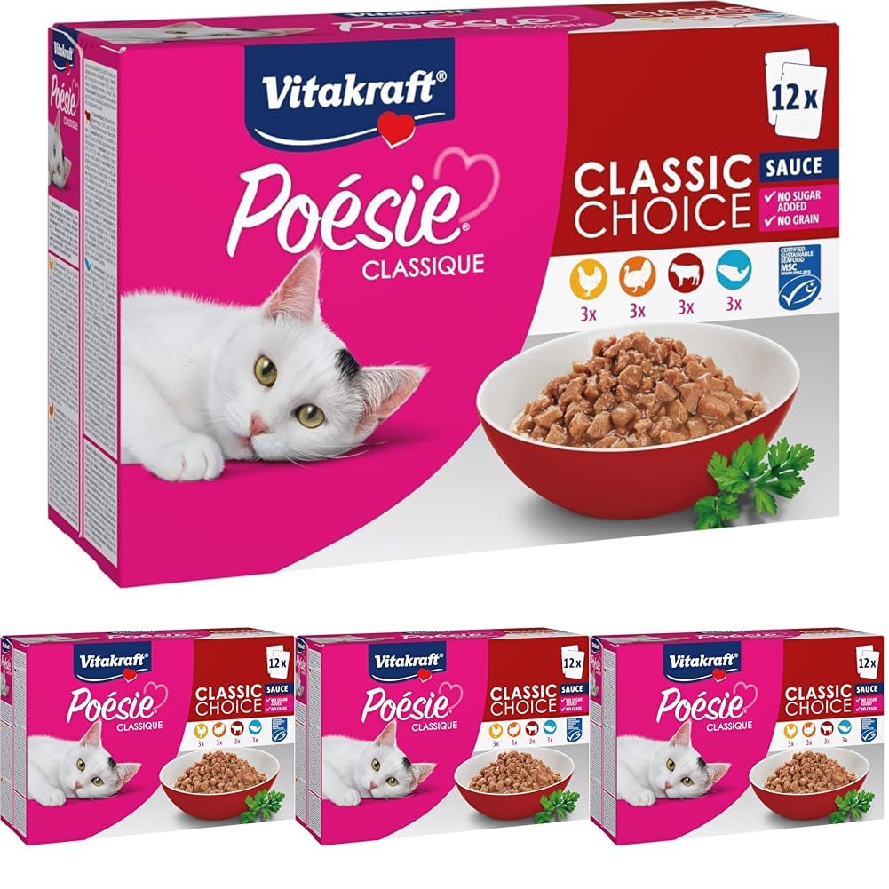 Vitakraft Poésie Classique, Nassfutter für Katzen, im Multipack, mit Huhn, Truthahn und Rind, mit Lachs mit MSC-Siegel, ohne Zusatz von Zucker und Getreide, Vorratsgröße (1 Paket mit 12x 85g)