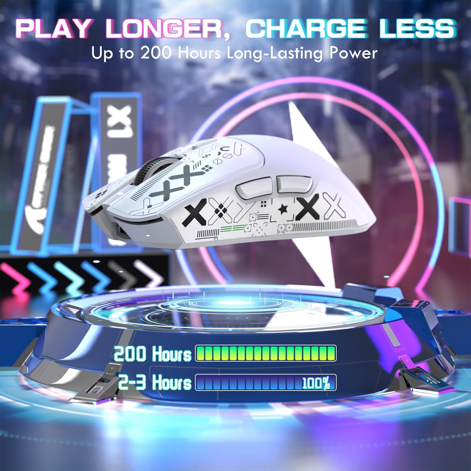 Image showing the ATTACK SHARK X1 mouse on its charging dock with battery life indicators