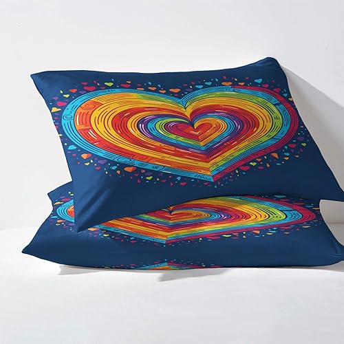 Miniatura 3 de H-7&-84 - Juego de sábanas con diseño de corazón, tamaño Queen, diseño de arcoíris, sábanas y fundas de almohada, 4 piezas, sábana bajera ajustable