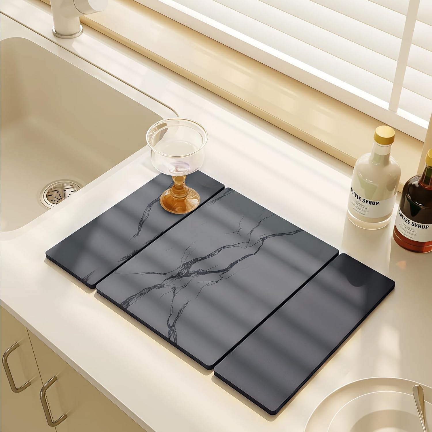 large stone drying mat for kitchen counter, 24"x16" collapsible quick dry dish drying mat, water-absorbent marble diatomaceous earth mats for bottles cups dishes, match any countertop gray 24" x 16"